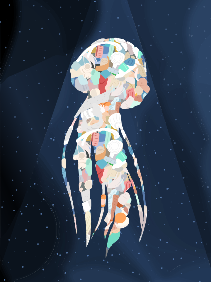A jellyfish composed of colorful collage elements