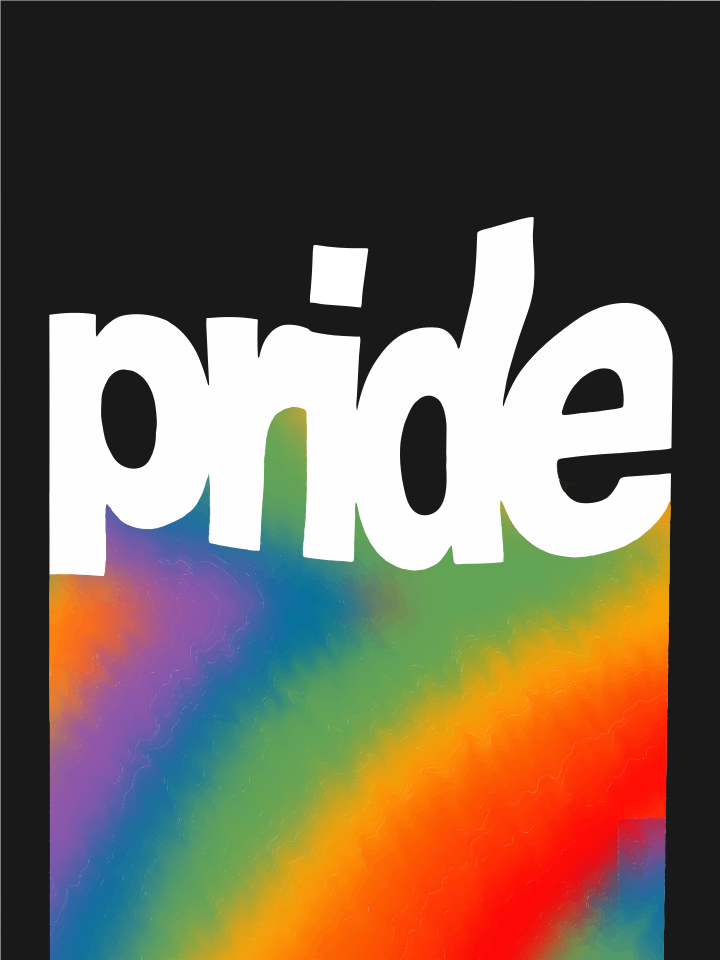 White text "pride" over a rainbow gradient