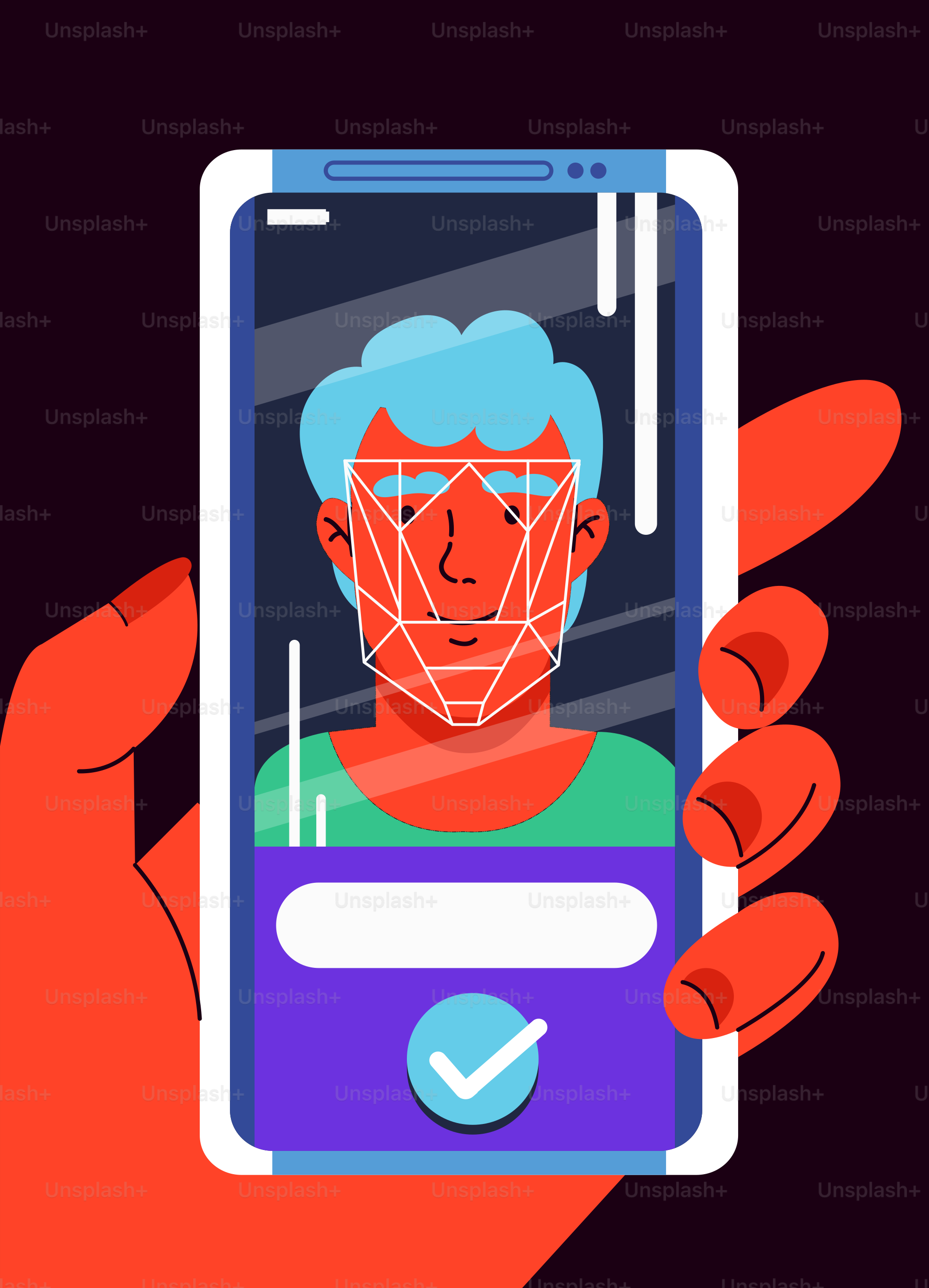 Smartphone yang menampilkan teknologi pengenalan wajah yang memindai wajah seseorang.