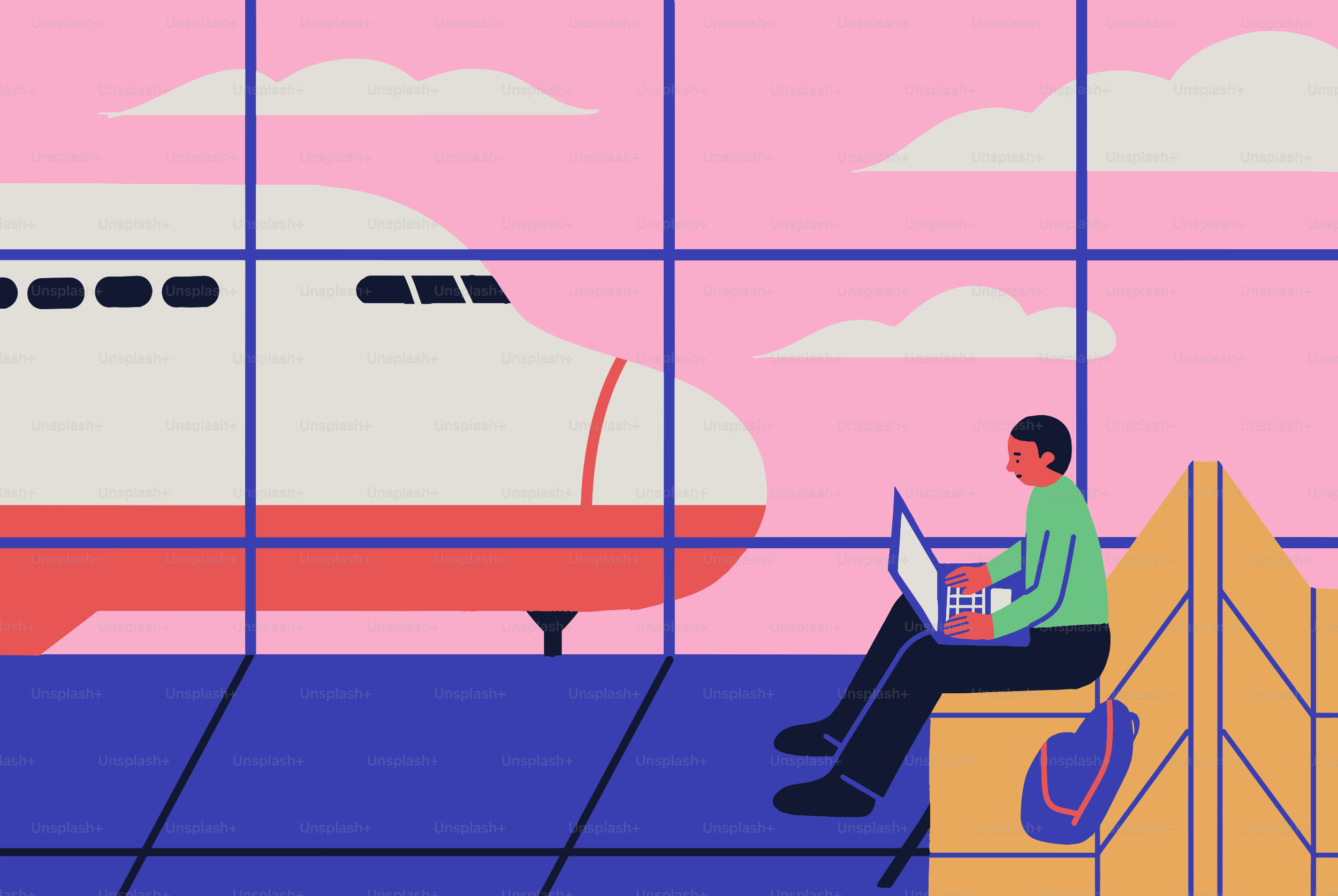 Homem trabalhando no laptop no portão do aeroporto com avião do lado de fora