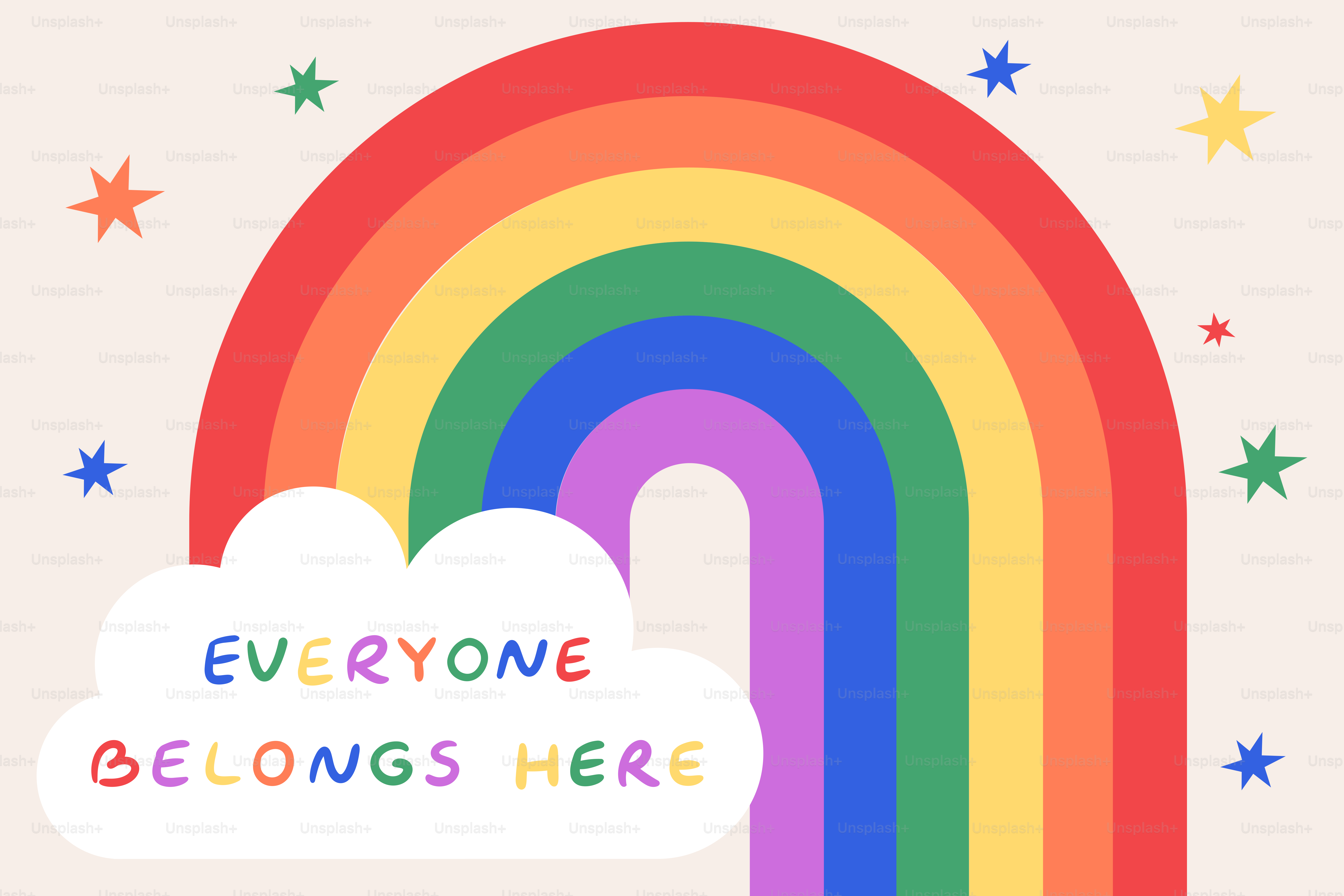 虹色に「みんなここに属している」と星の文字が書かれています