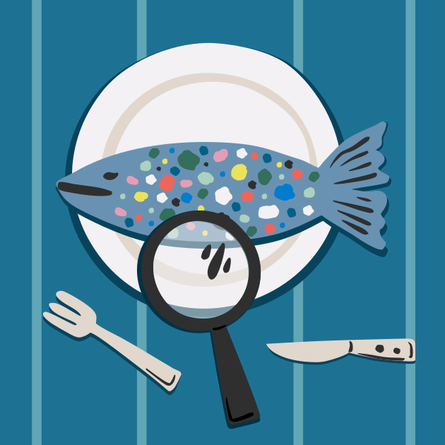 Poisson sur une assiette avec des taches colorées examinées à la loupe.