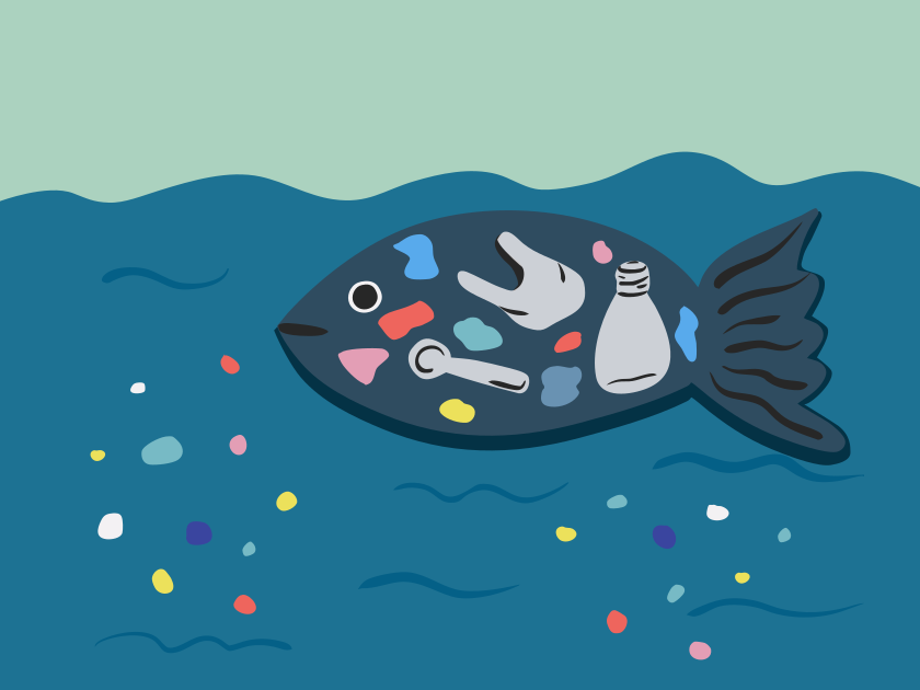 Des poissons remplis de pollution plastique nagent dans l’océan.