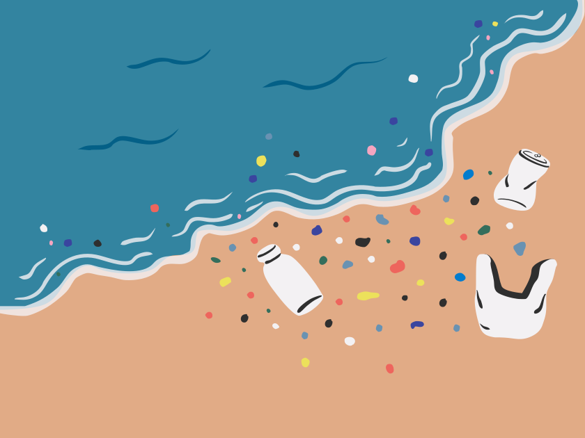 La pollution plastique jonche une plage de sable au bord de l’océan.