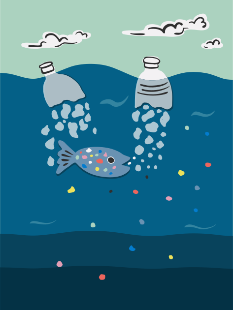 Un poisson nage dans un océan pollué avec des bouteilles en plastique
