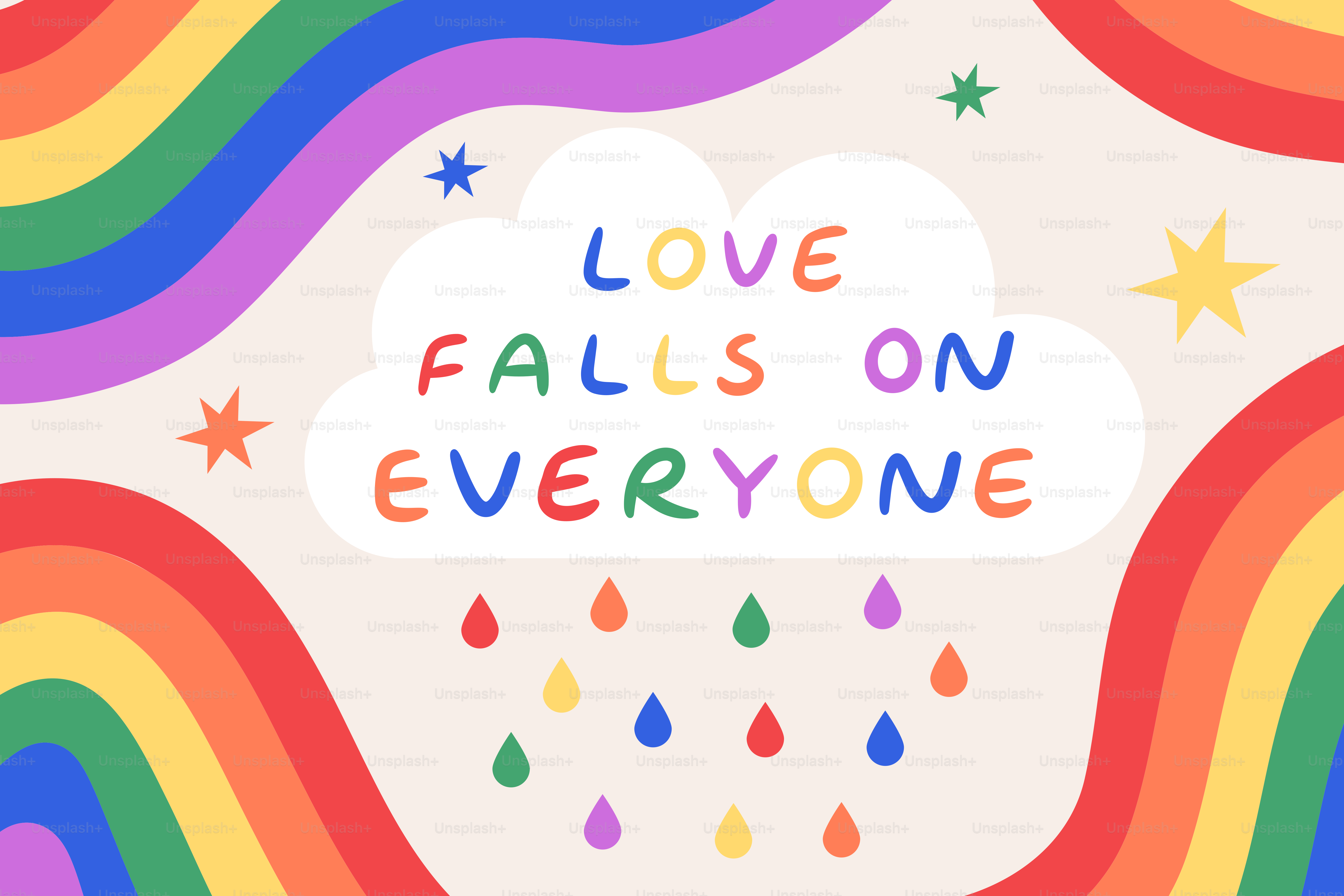 虹と雲、そして「愛はみんなに降り注ぐ」という言葉が書かれています。