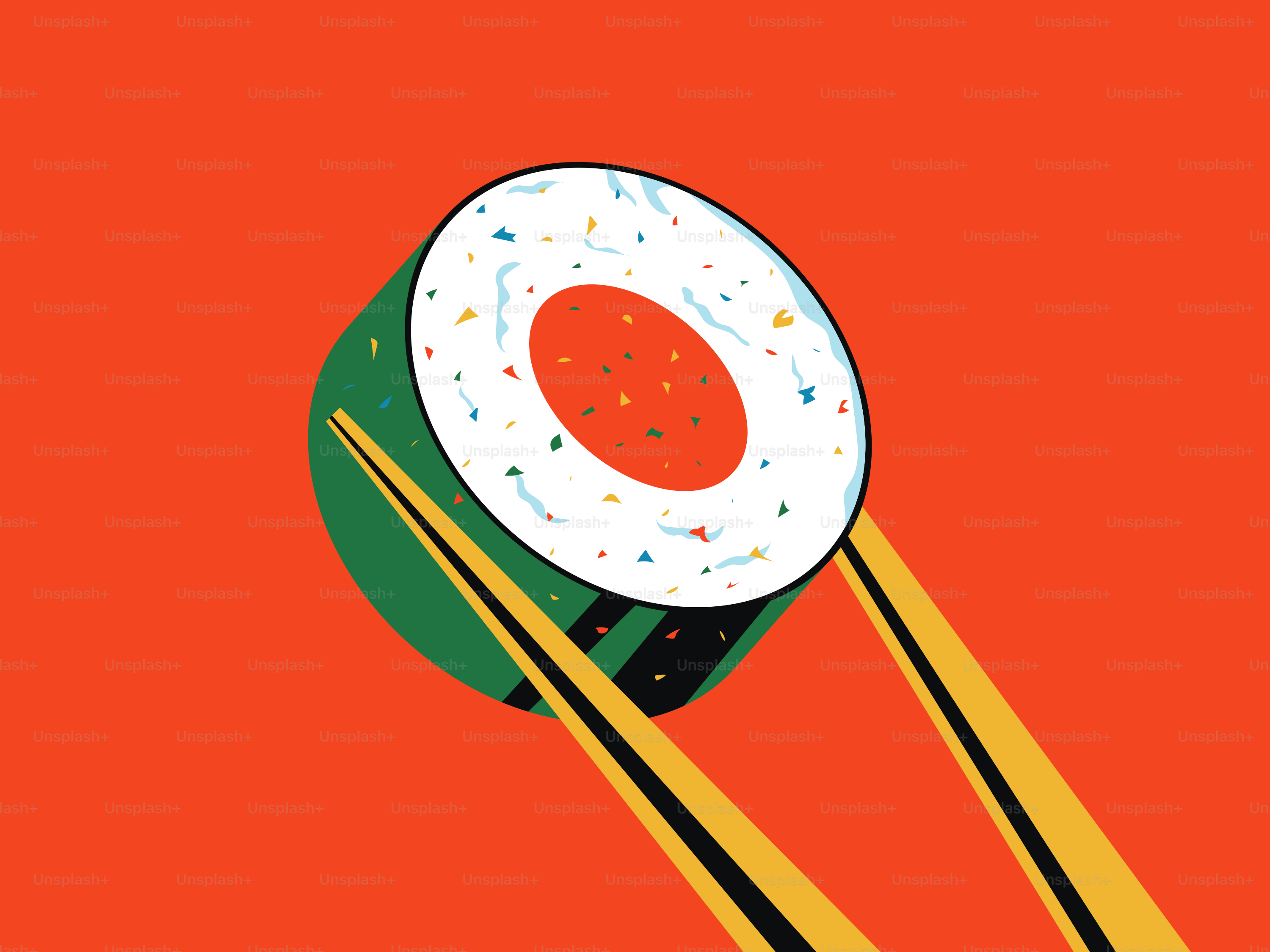 Sumpit memegang gulungan sushi berwarna-warni dengan latar belakang oranye