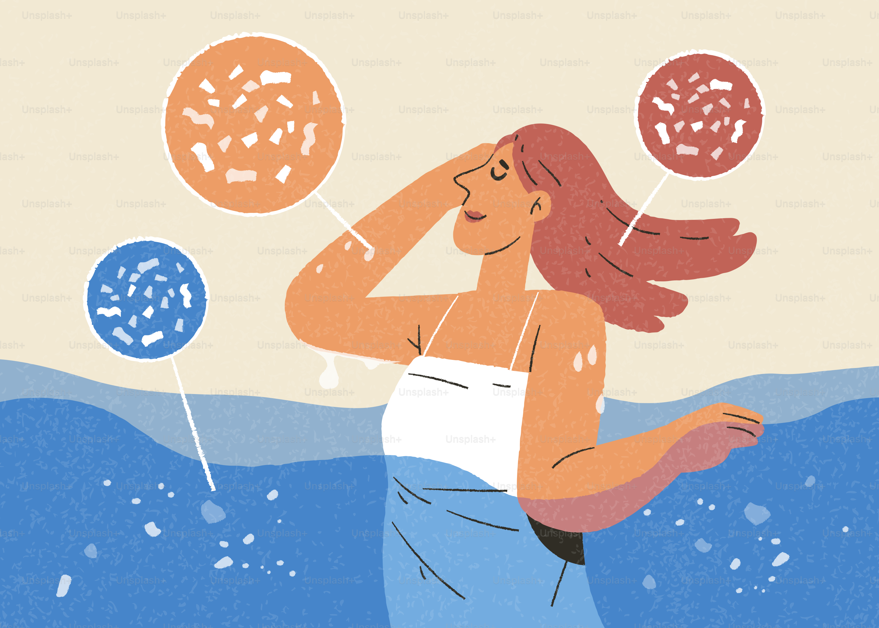 Woman in water with magnified circles of particles.