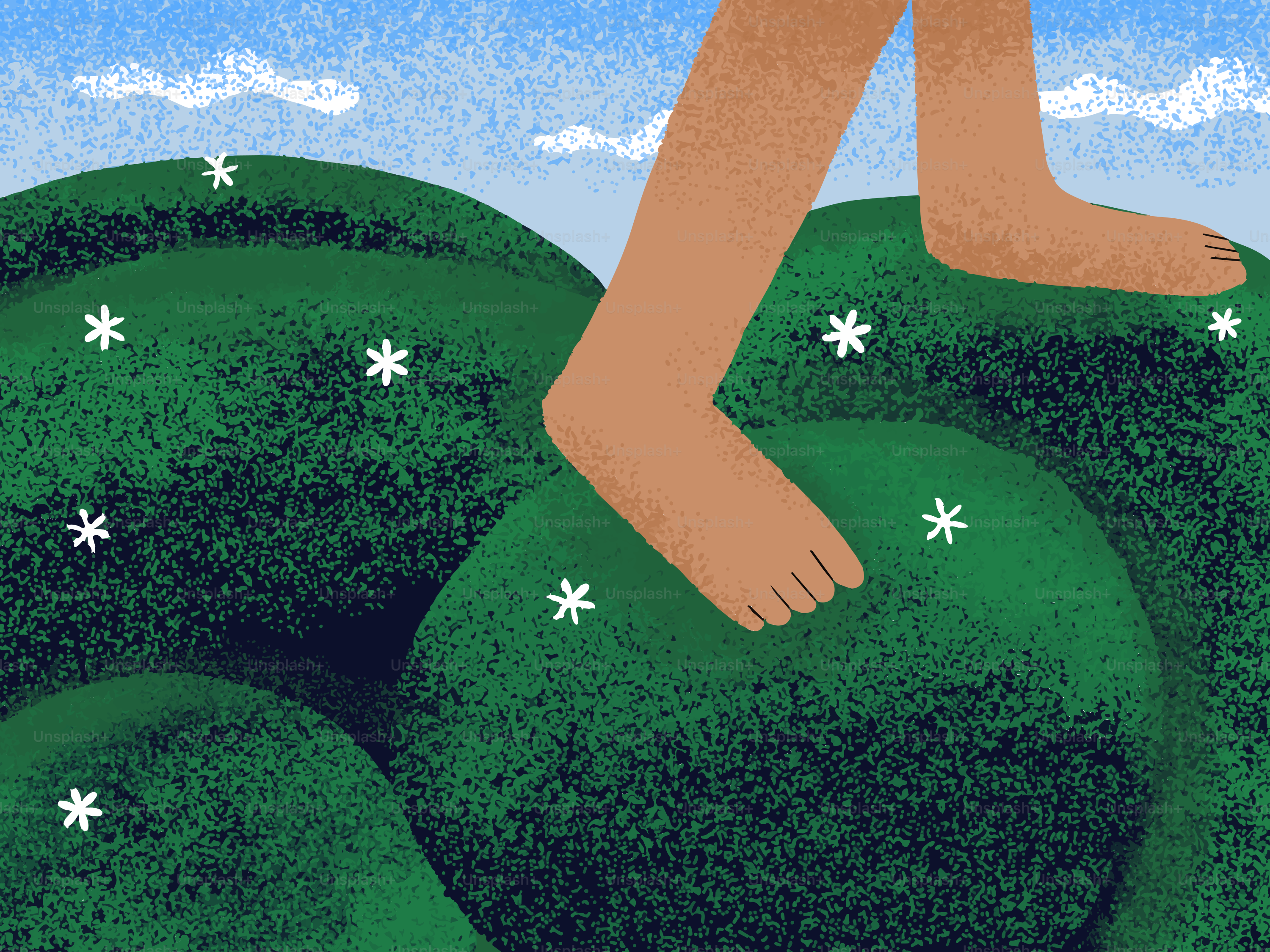 A piedi nudi che camminano su colline verdi piene di fiori.