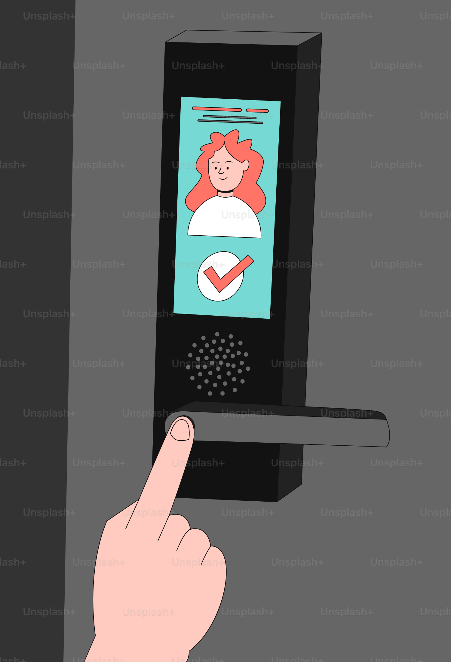 Finger presses button on digital door lock with facial recognition