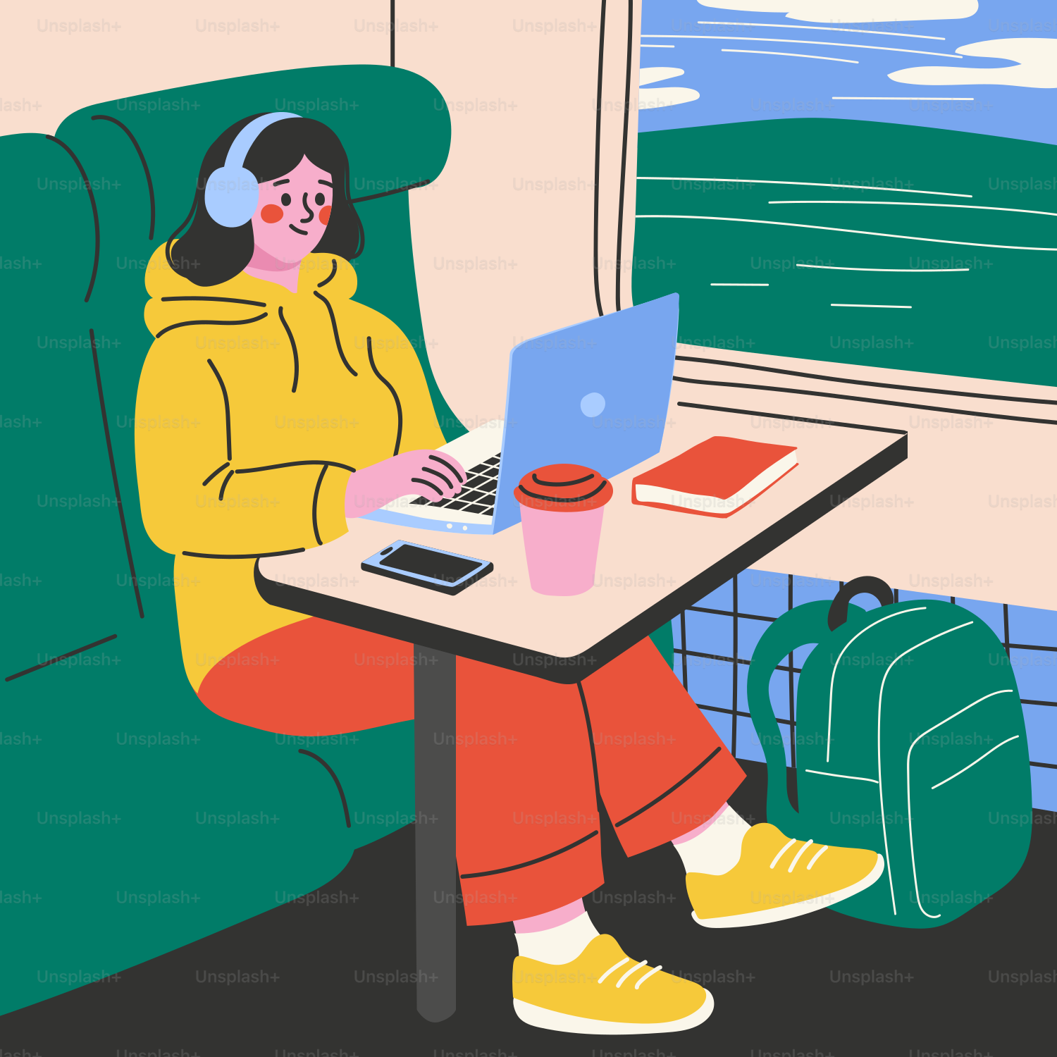 Mujer con auriculares trabaja en el portátil en el tren
