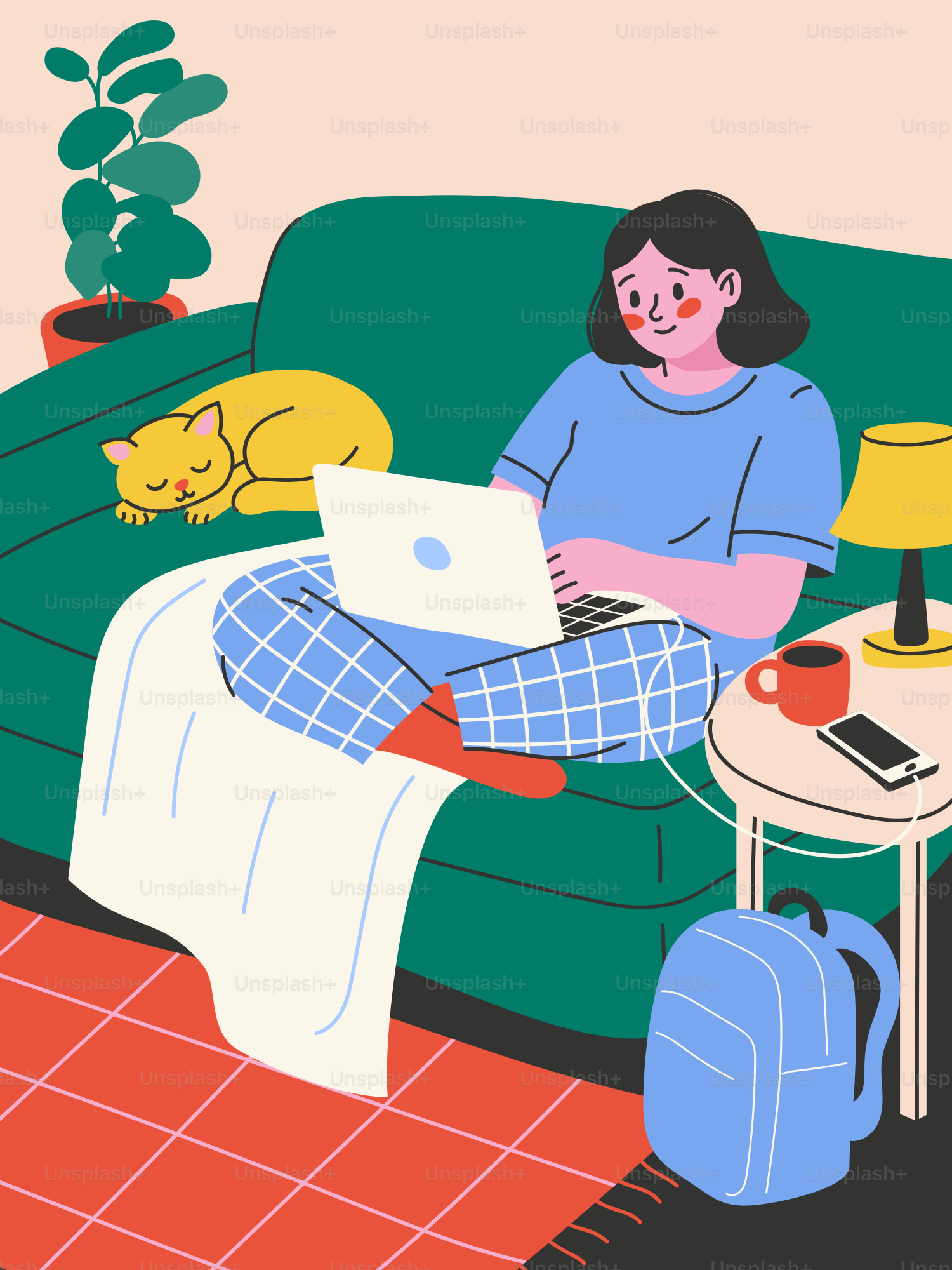 Femme travaillant sur un ordinateur portable avec un chat qui dort sur le canapé