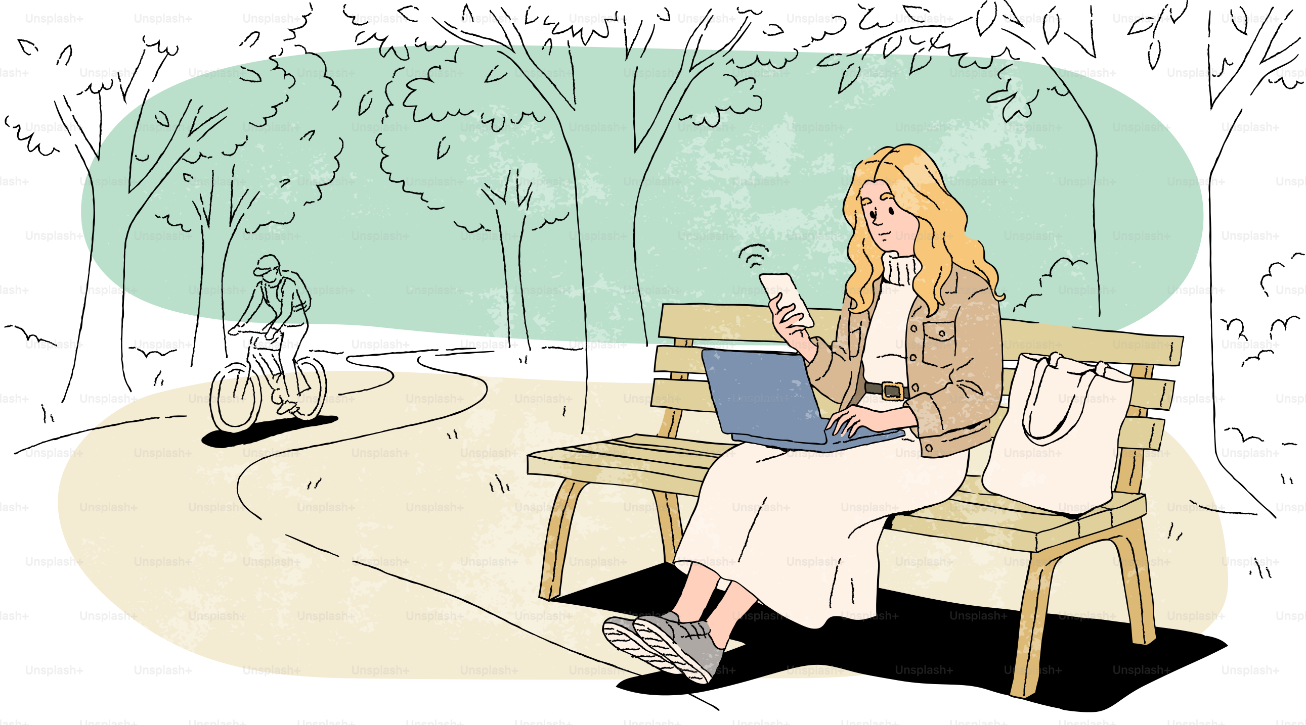 Mulher trabalhando no laptop e no celular no banco do parque