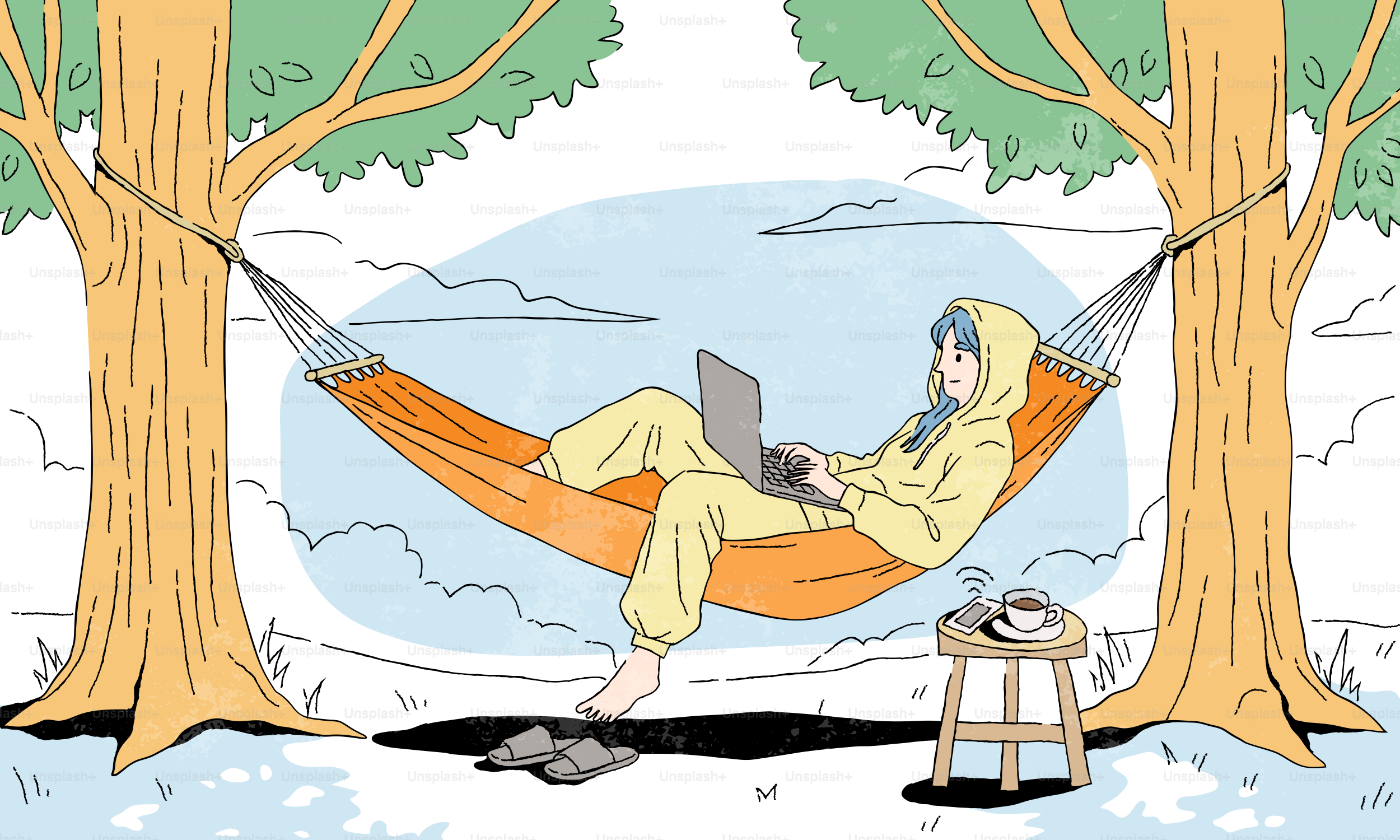 Pessoa relaxando em uma rede com um laptop e café.