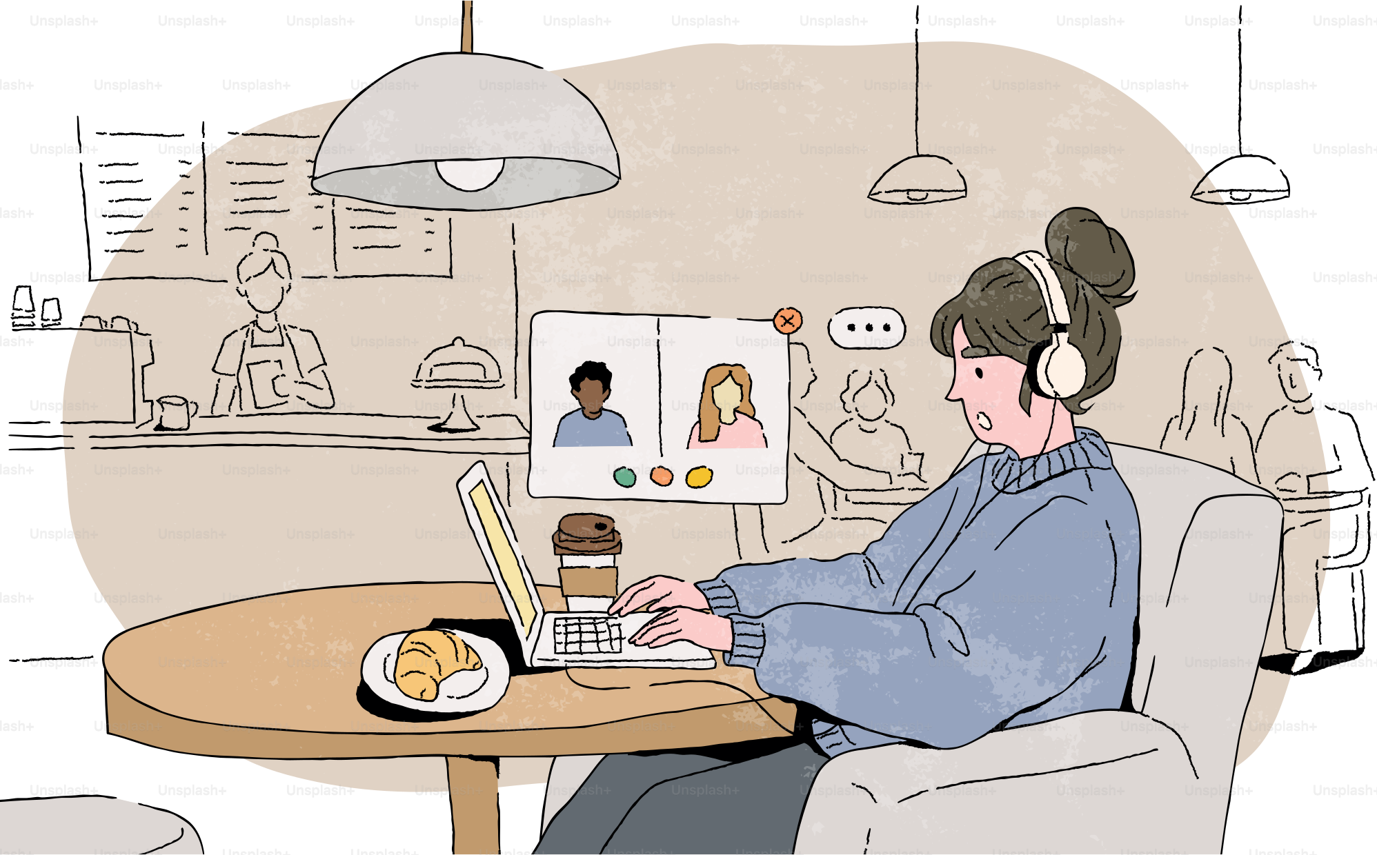 Mulher fazendo uma videochamada no laptop em um café.