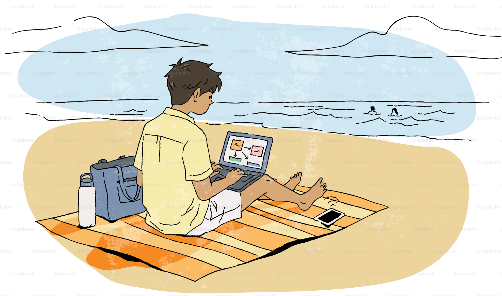 Homem trabalhando no laptop na praia com vista para o oceano