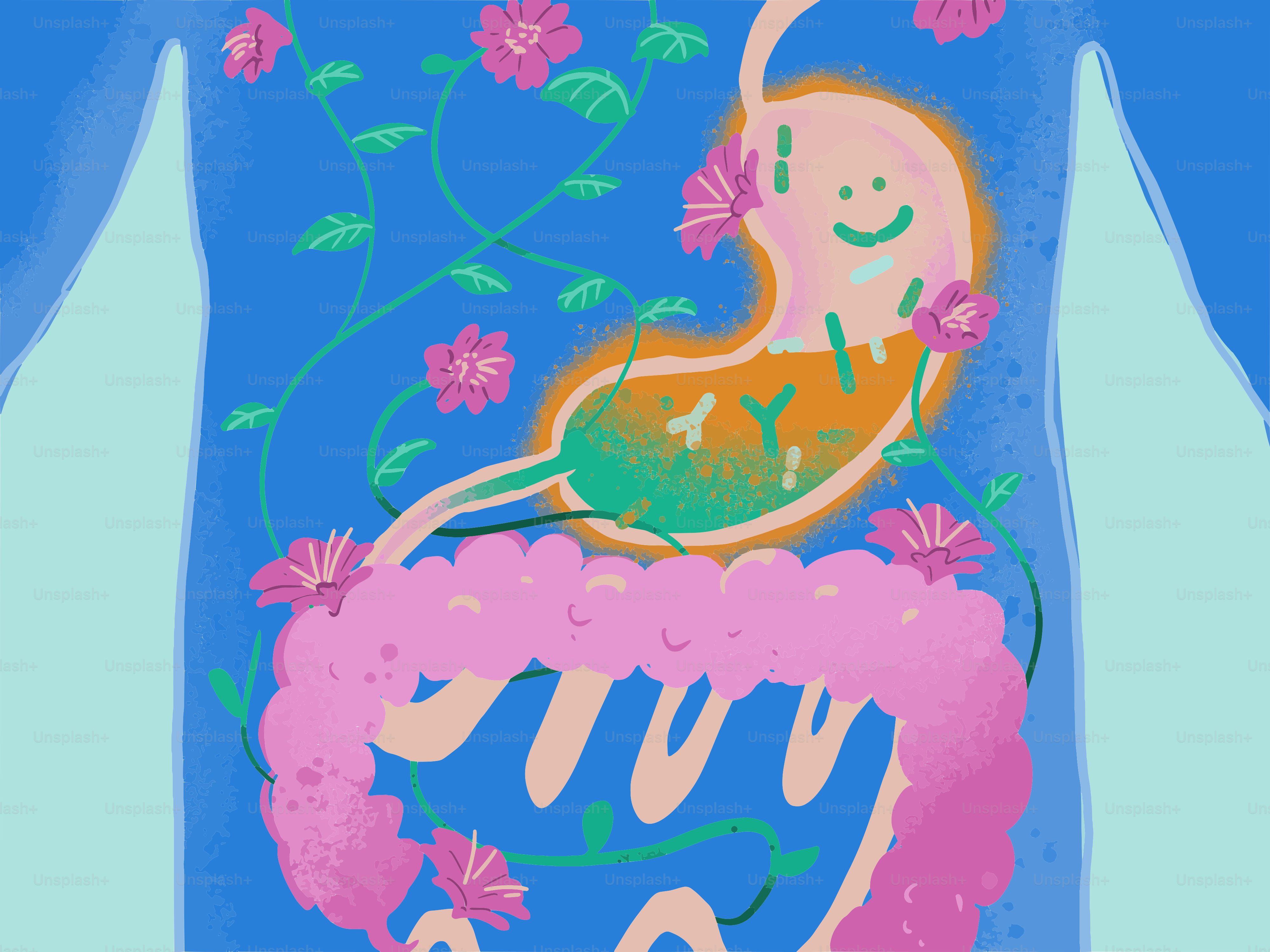 Happy stomach and intestines with blooming flowers