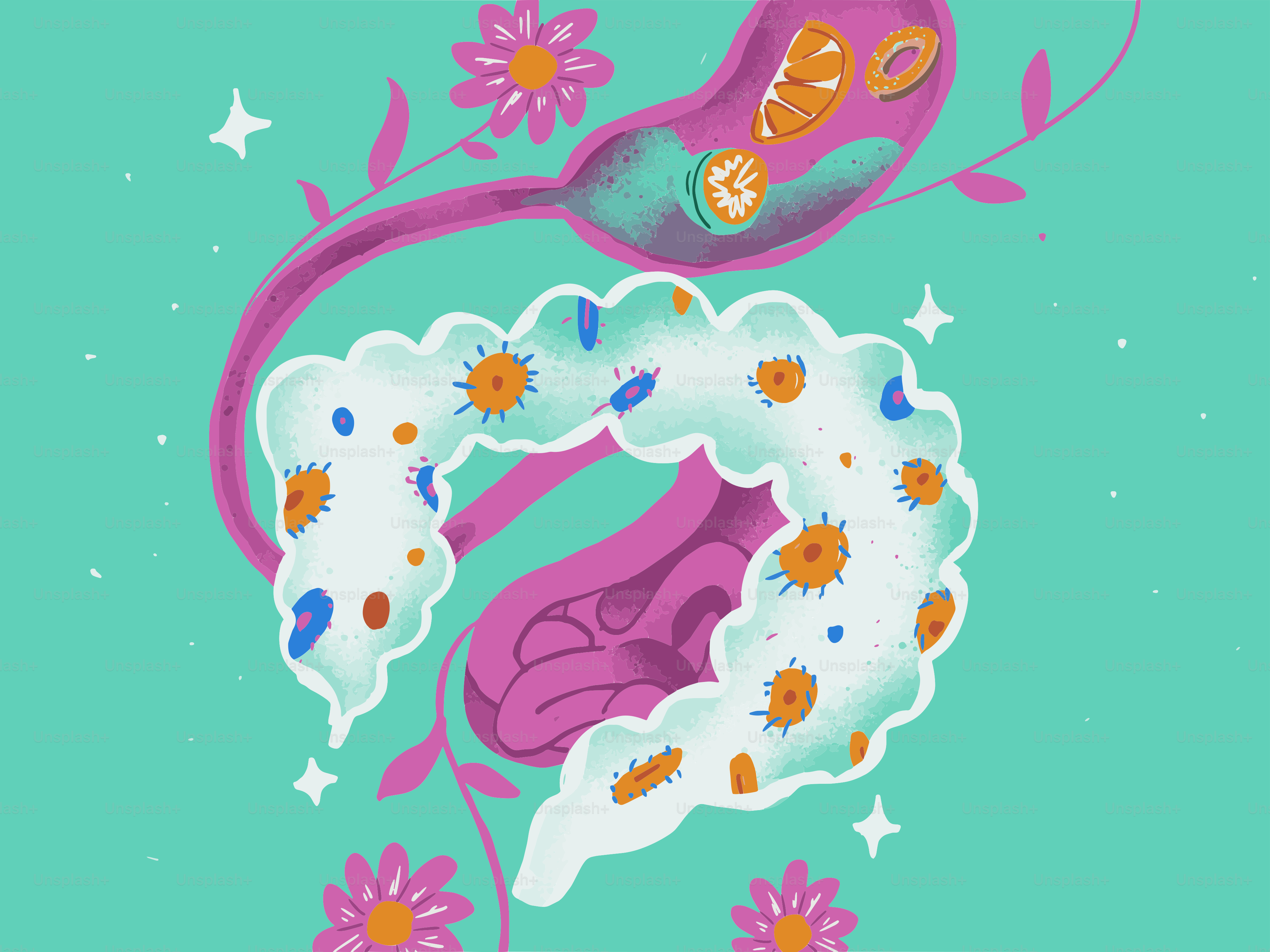 Digestive system with colorful bacteria and flowers.
