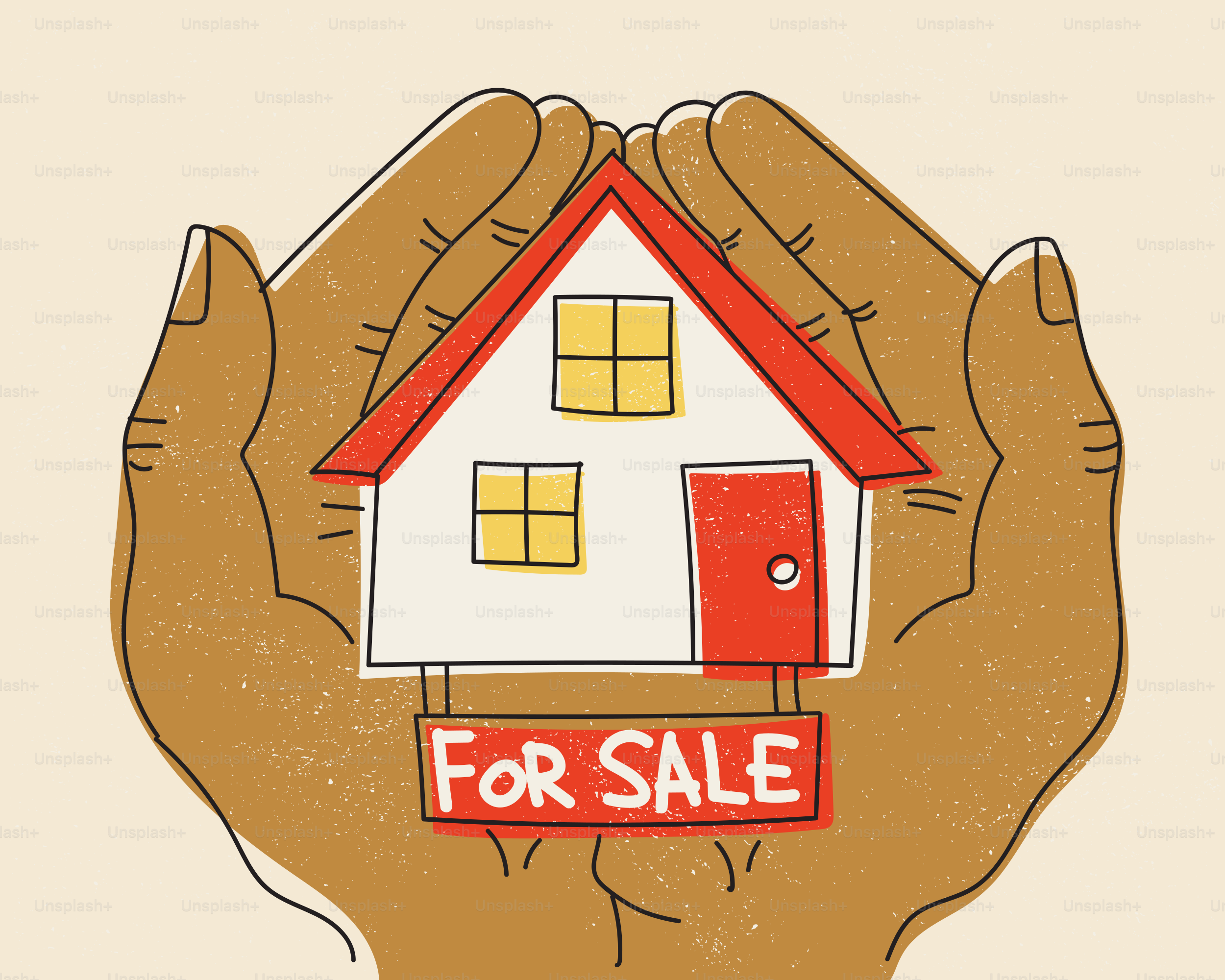 Des mains tenant une maison avec un panneau « à vendre ».