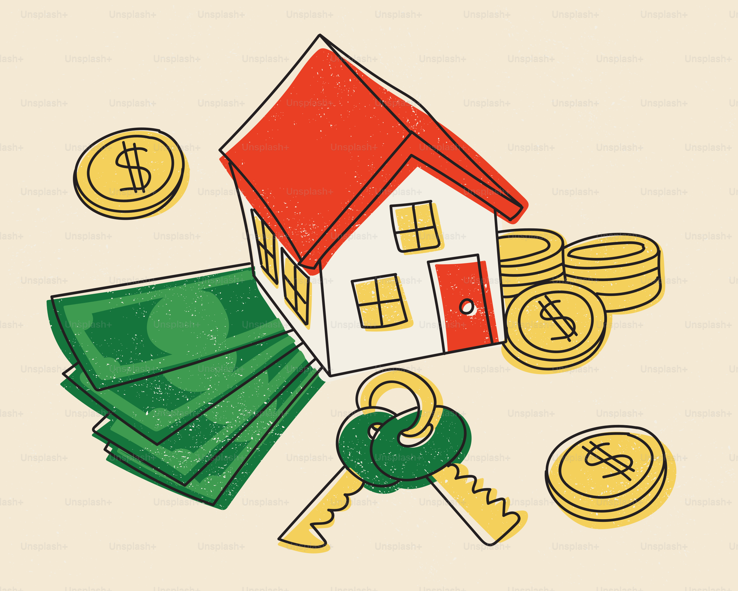 Maison, clés, argent et pièces sur fond crème