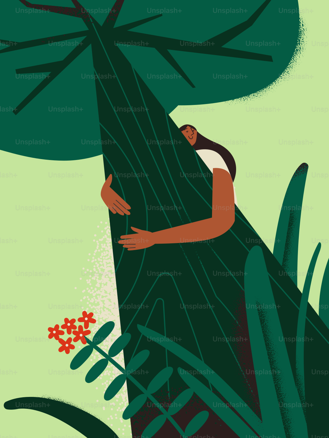 Wanita memeluk pohon besar di hutan rimbun.