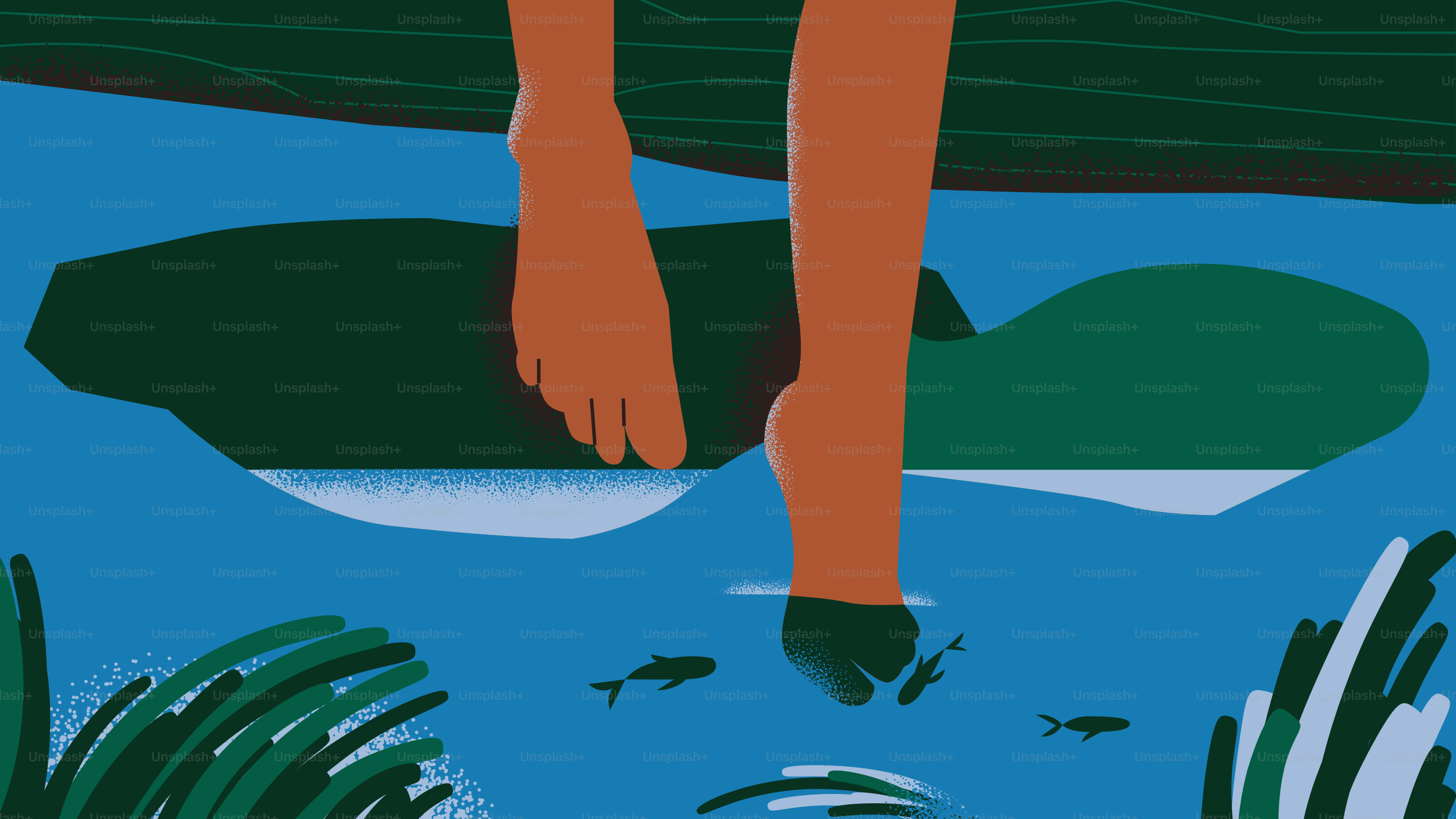 A person's feet stepping into blue water with fish.