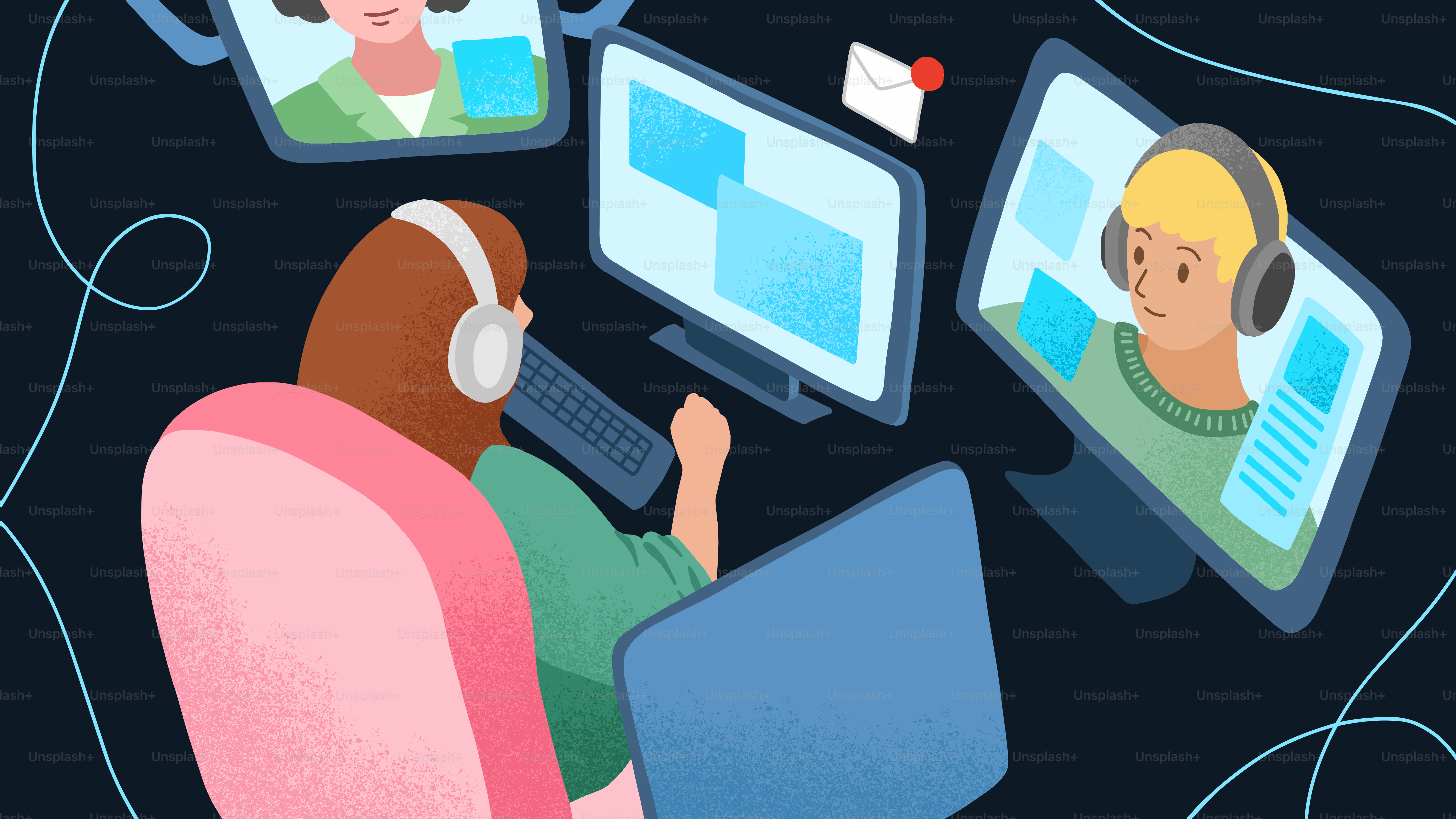 People communicating on computers with headsets