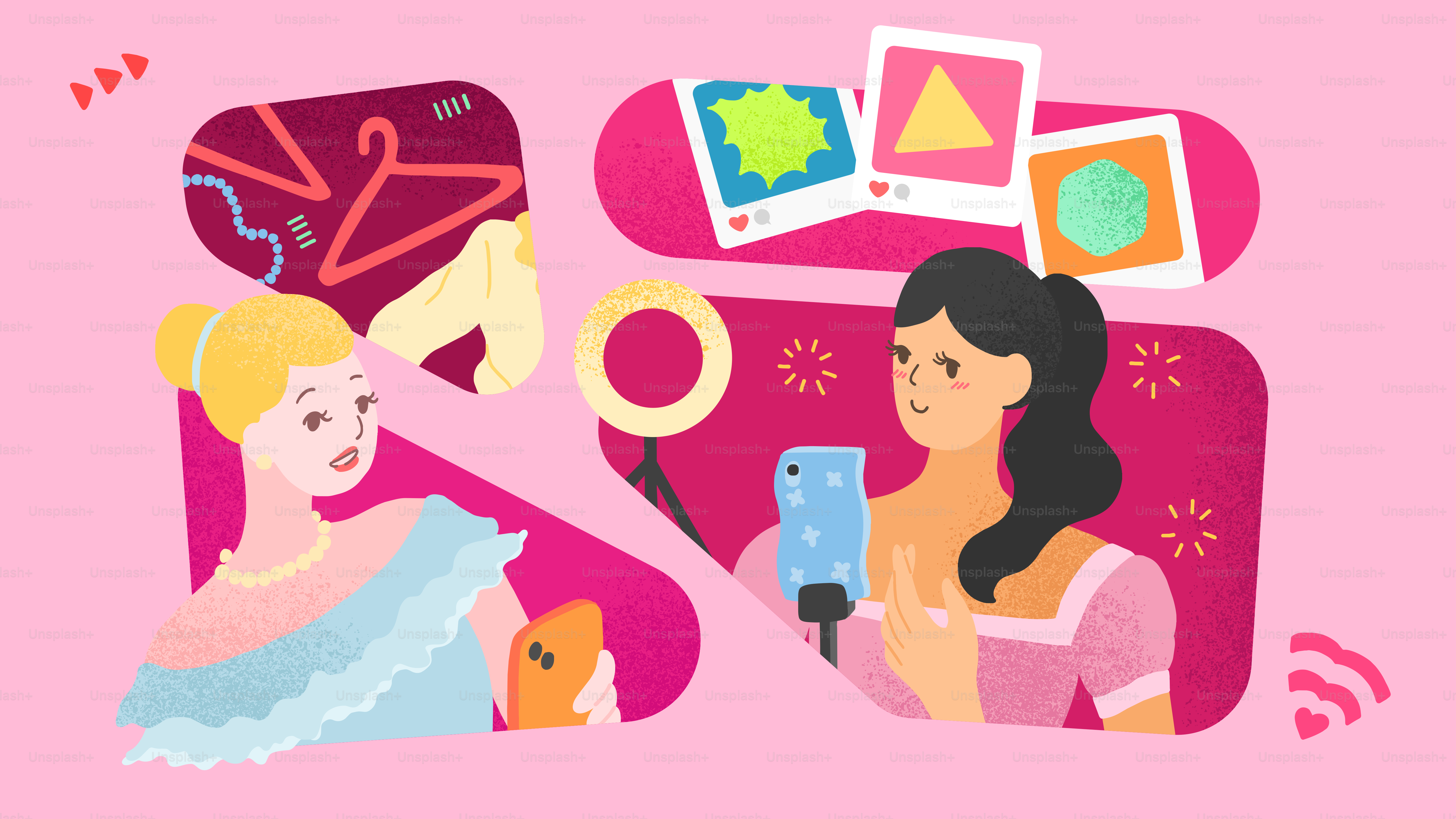 Zwei Frauen, die Inhalte mit Ringlicht und Telefon erstellen.