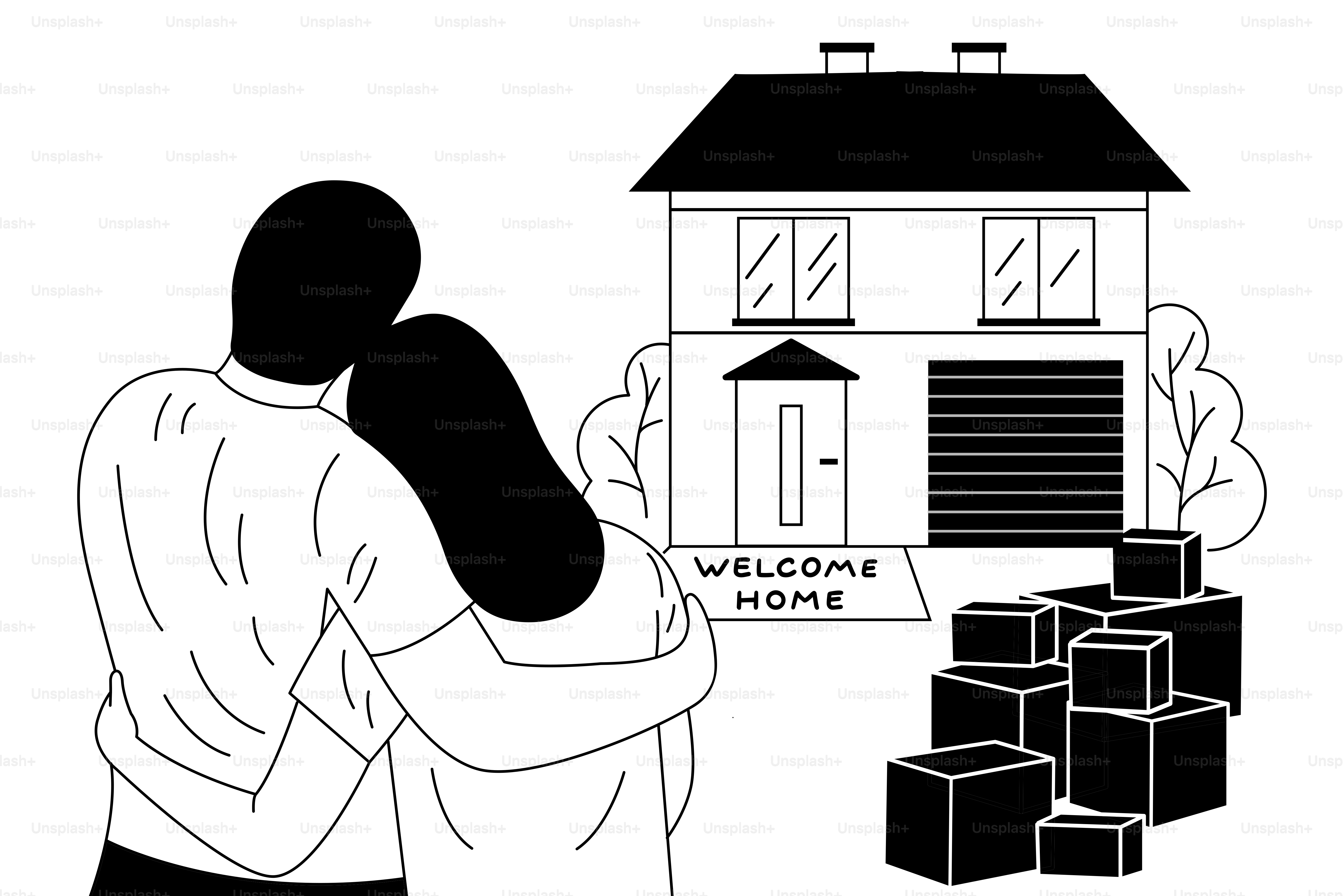 カップルが抱き合い、引っ越し用箱のある新居を見ています。