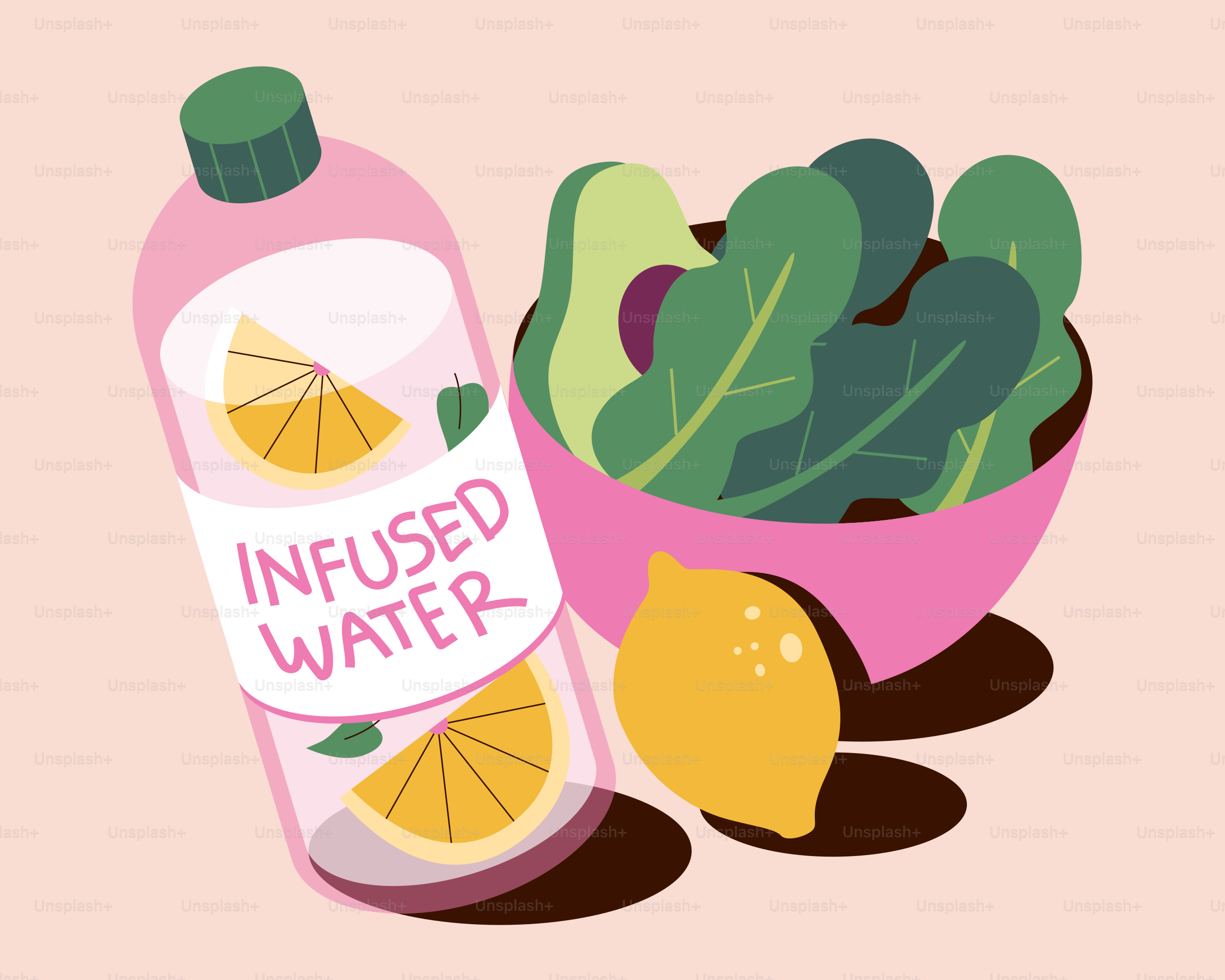 Botol air yang diresapi dengan lemon dan semangkuk salad