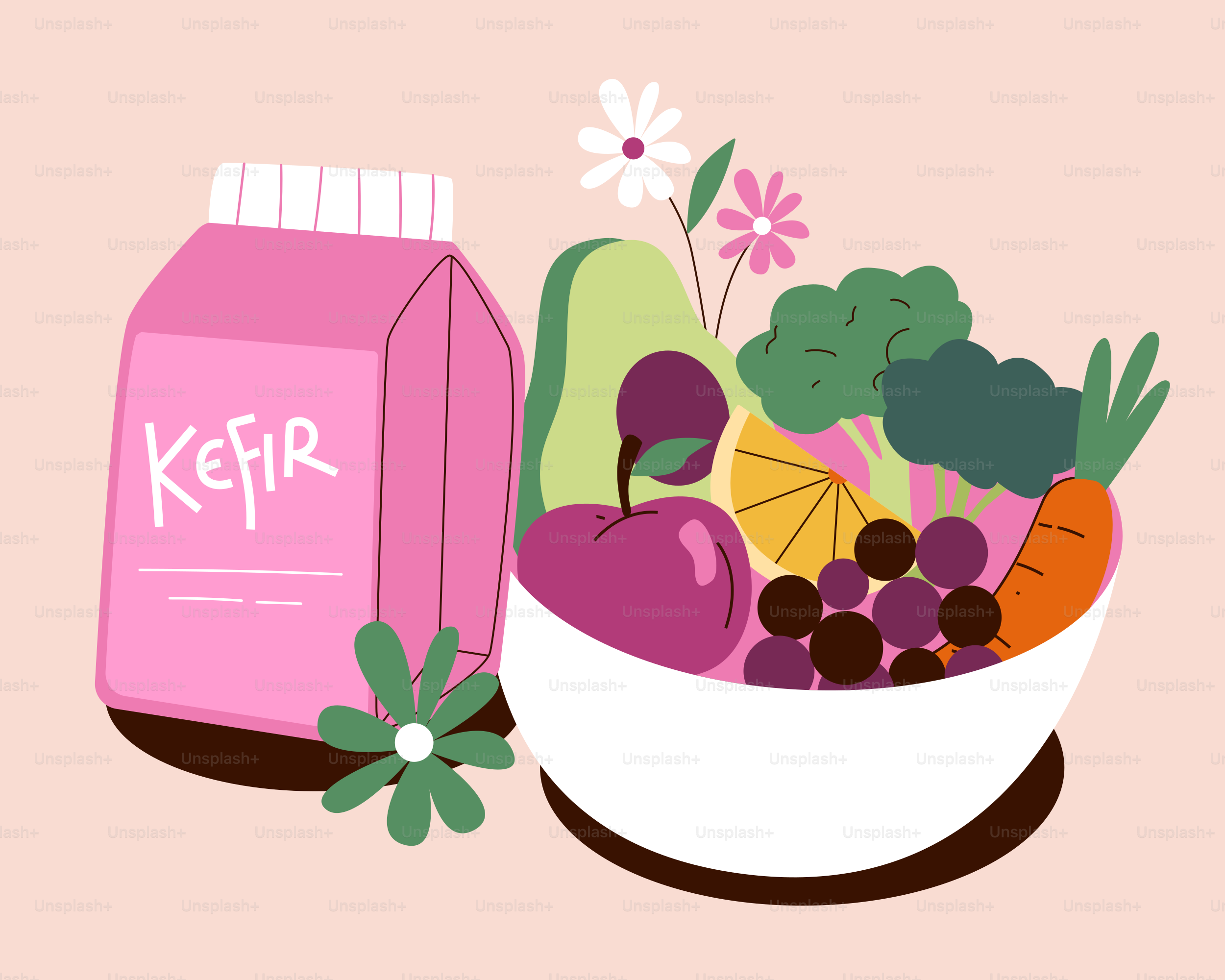 Karton kefir dan semangkuk buah-buahan dan sayuran segar.