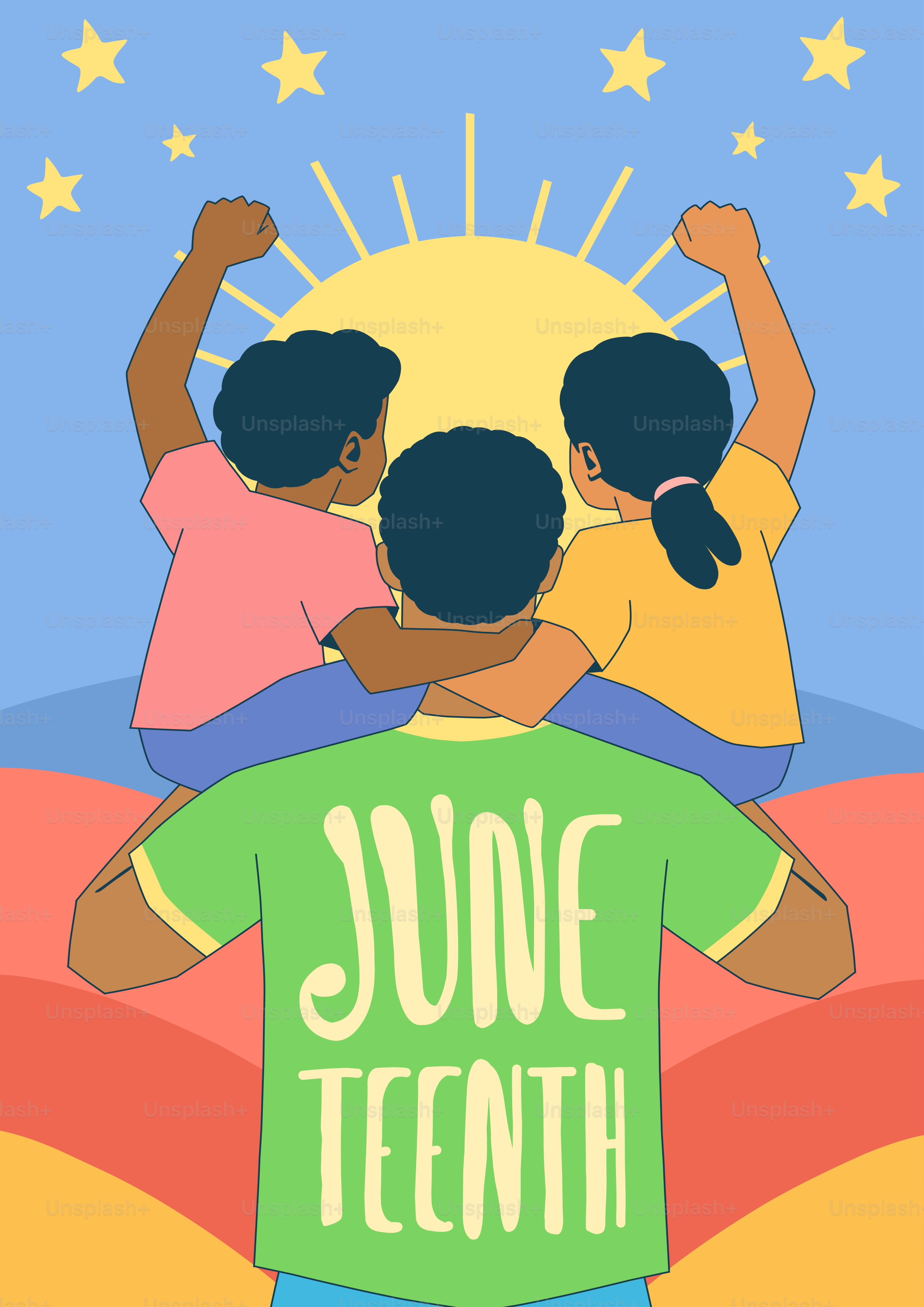 Tre persone con le braccia alzate festeggiano il Juneteenth