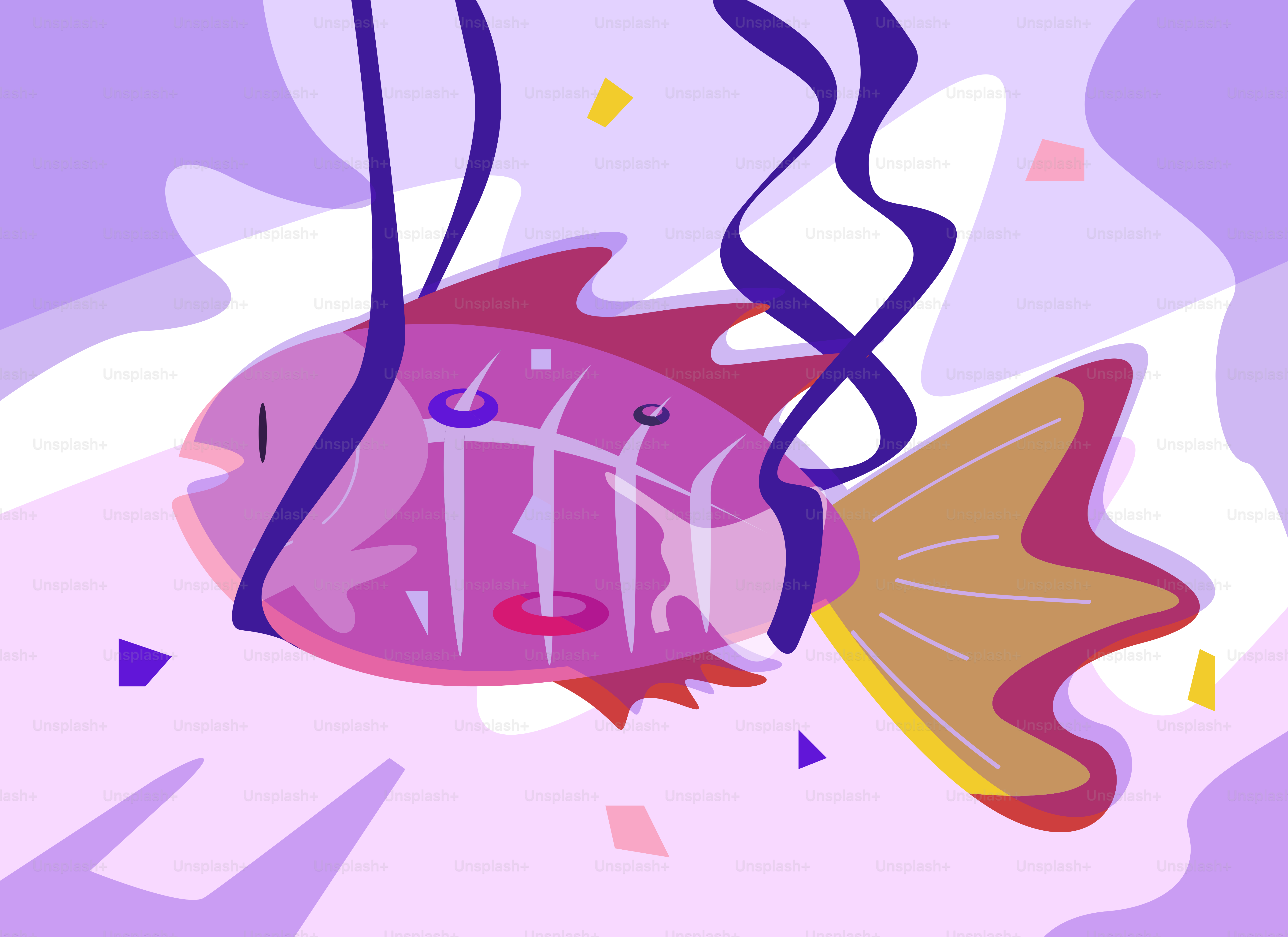 Un poisson rose fantaisiste avec des rubans violets pend suspendu.