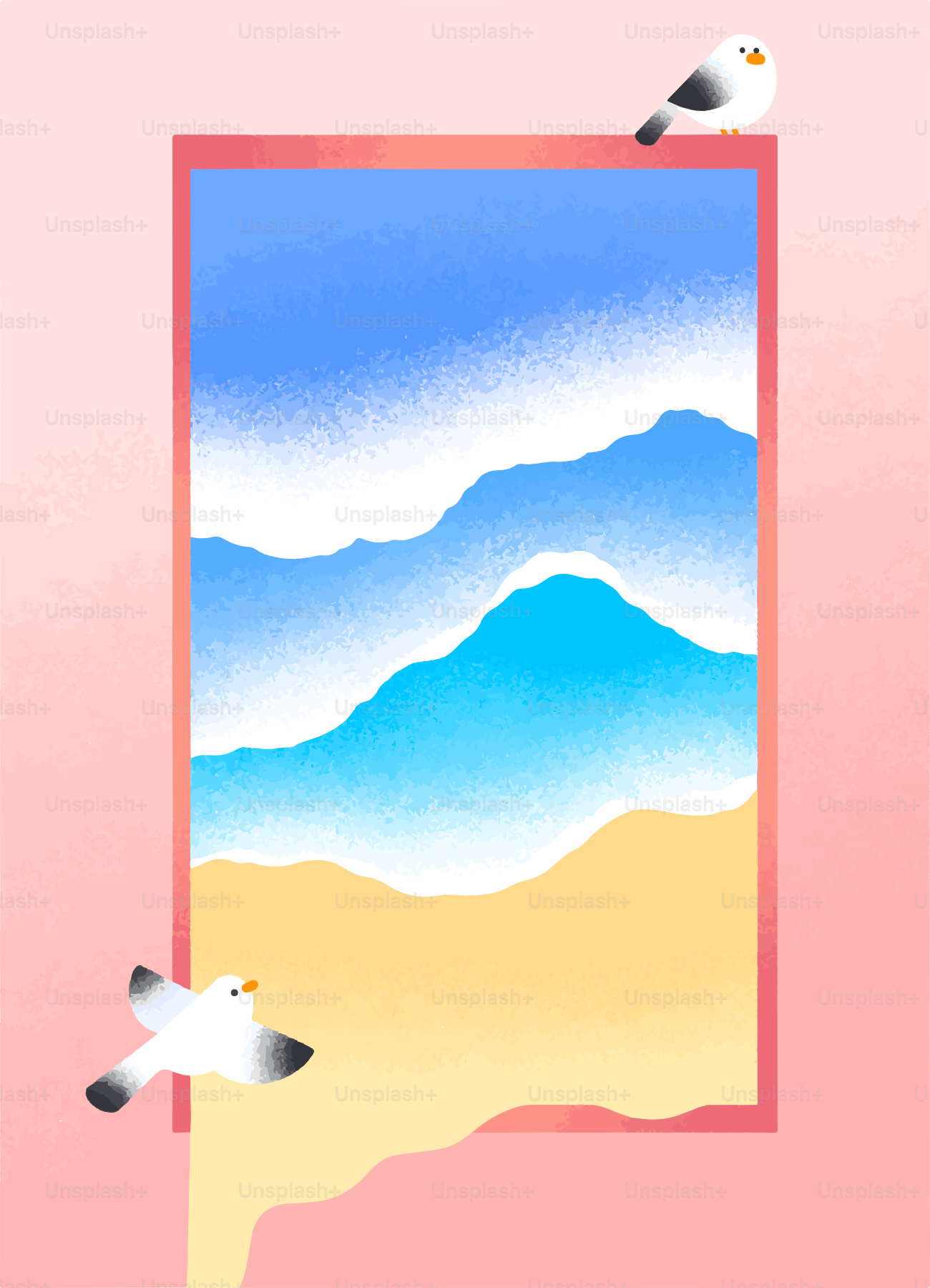 Dos gaviotas volando sobre una escena de playa