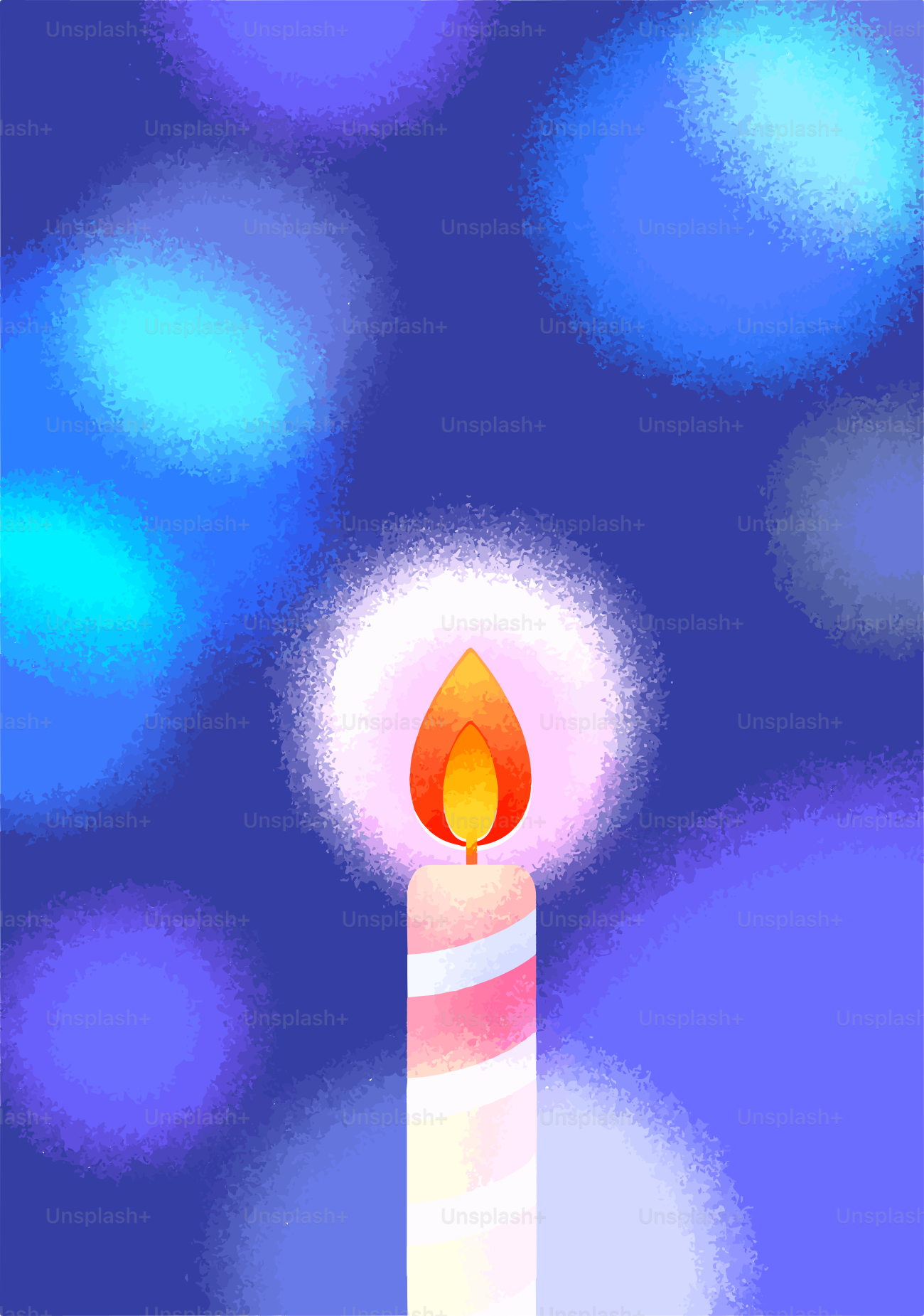 Una vela encendida con rayas de colores sobre fondo azul de bokeh