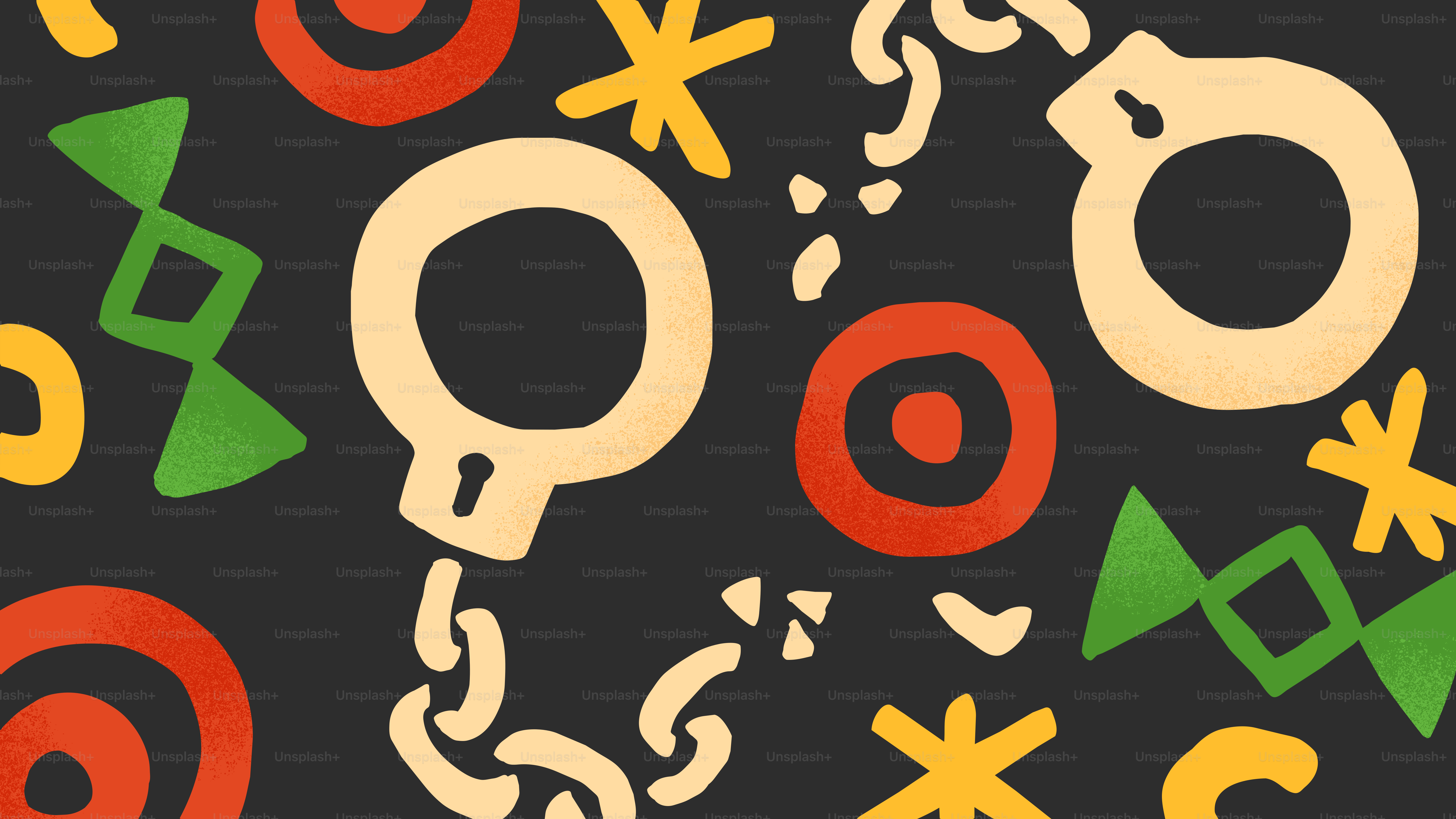 Broken handcuffs and kwanzaa symbols on dark background