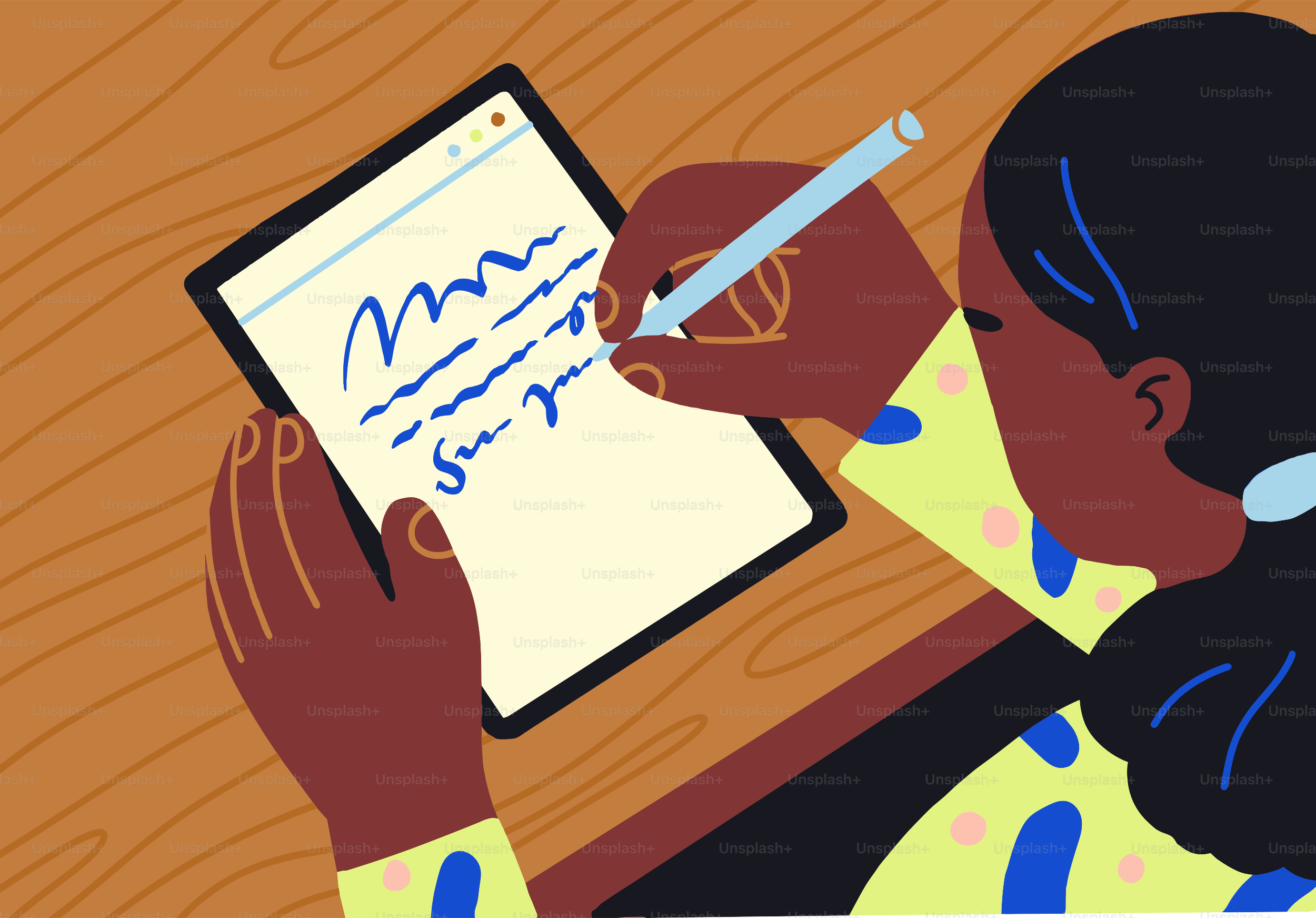Person, die mit einem Stift auf einem digitalen Tablet schreibt.