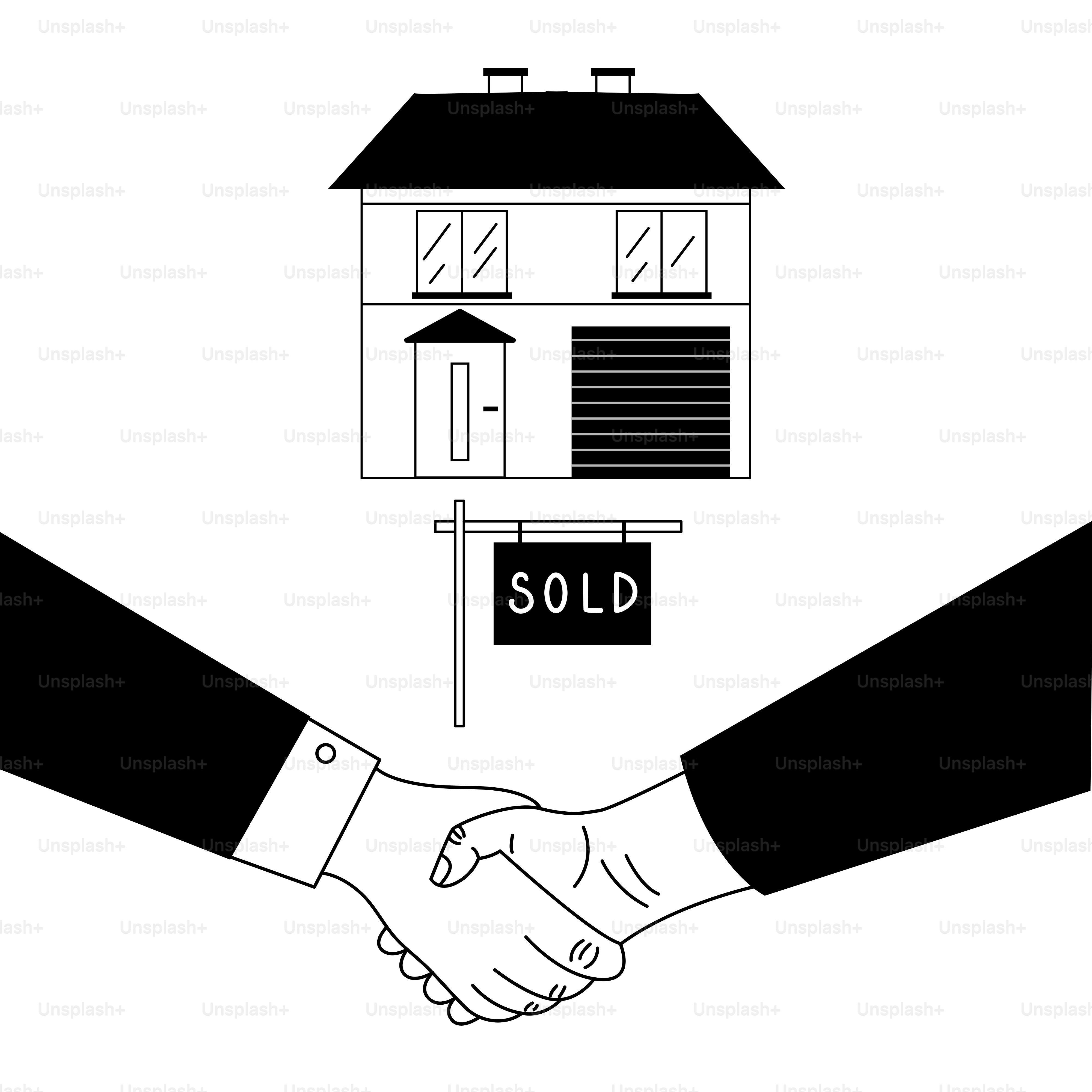 売れた看板と家の下で二人が握手している。