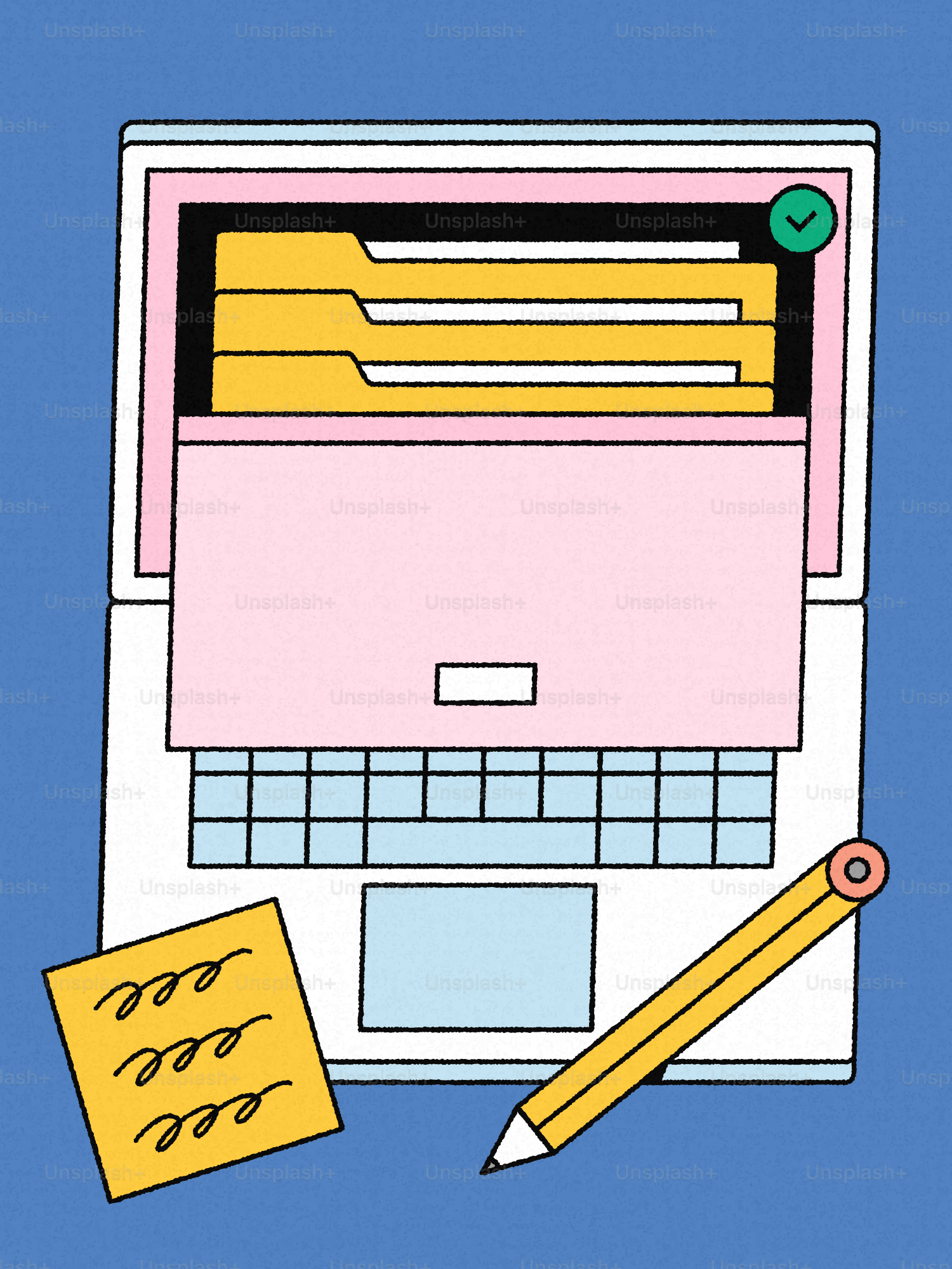 Ordinateur portable avec des dossiers, un post-it et un crayon sur fond bleu