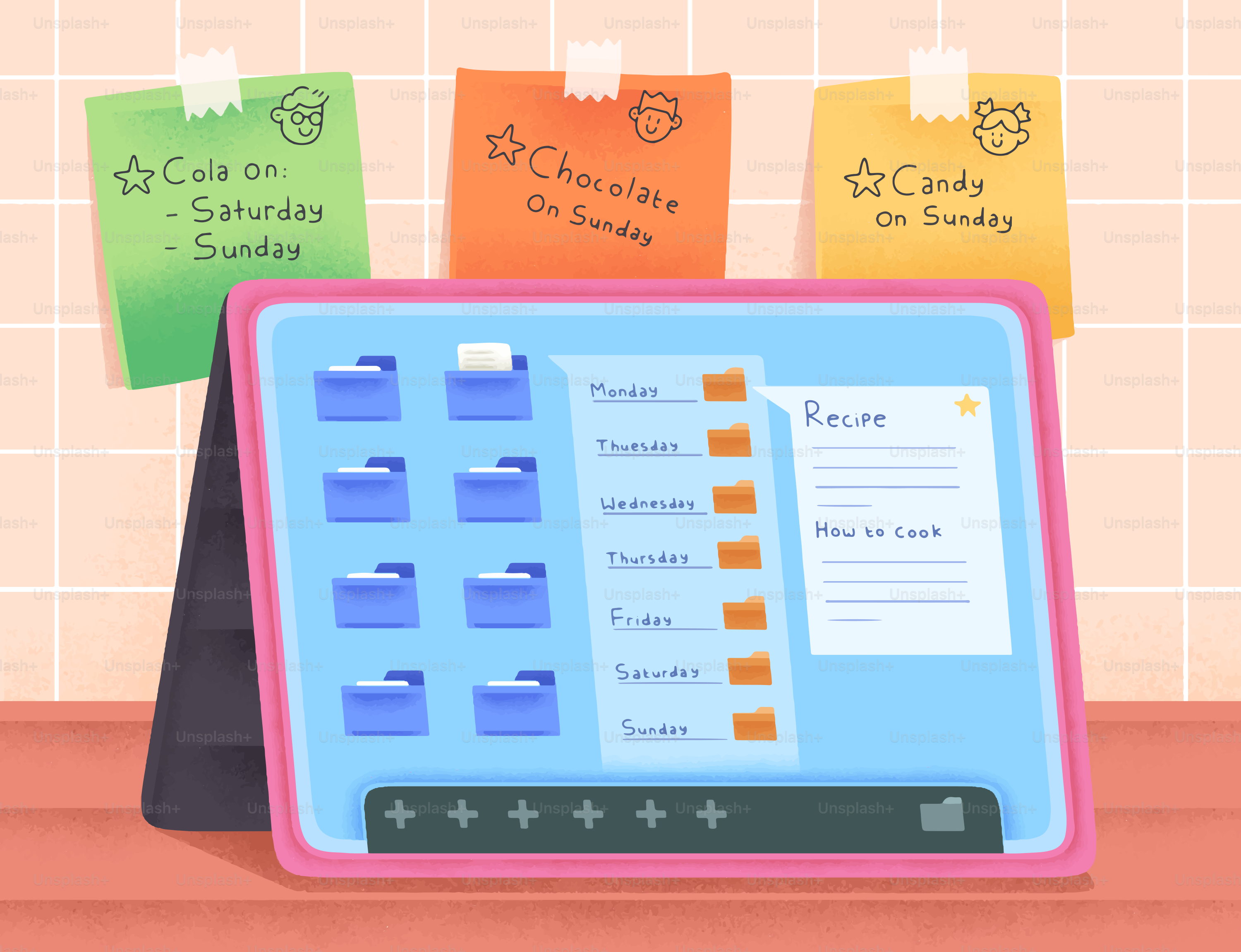 Planejador digital com post-its na parede