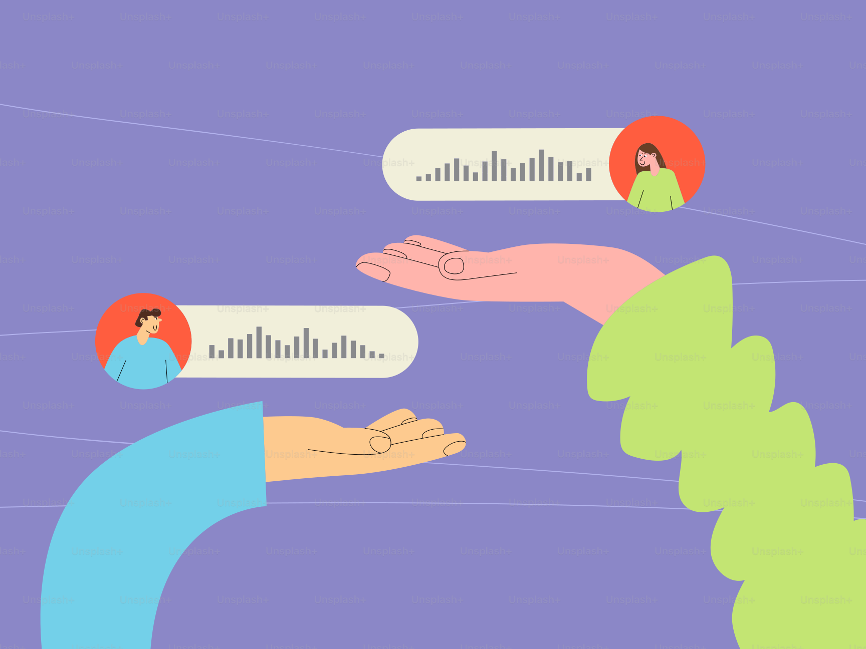 Mains tenant des messages audio entre deux personnes