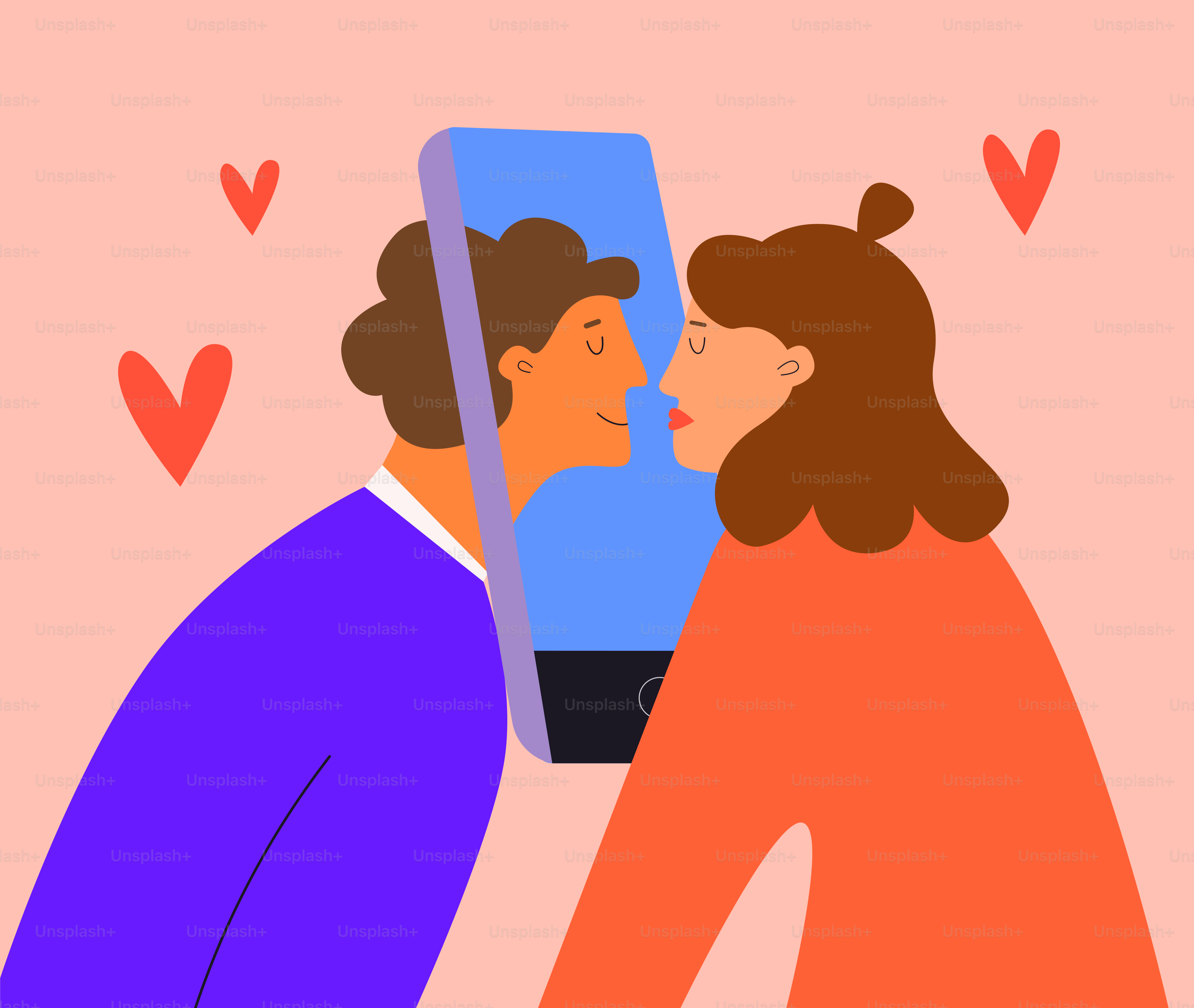Couple kissing through a smartphone screen