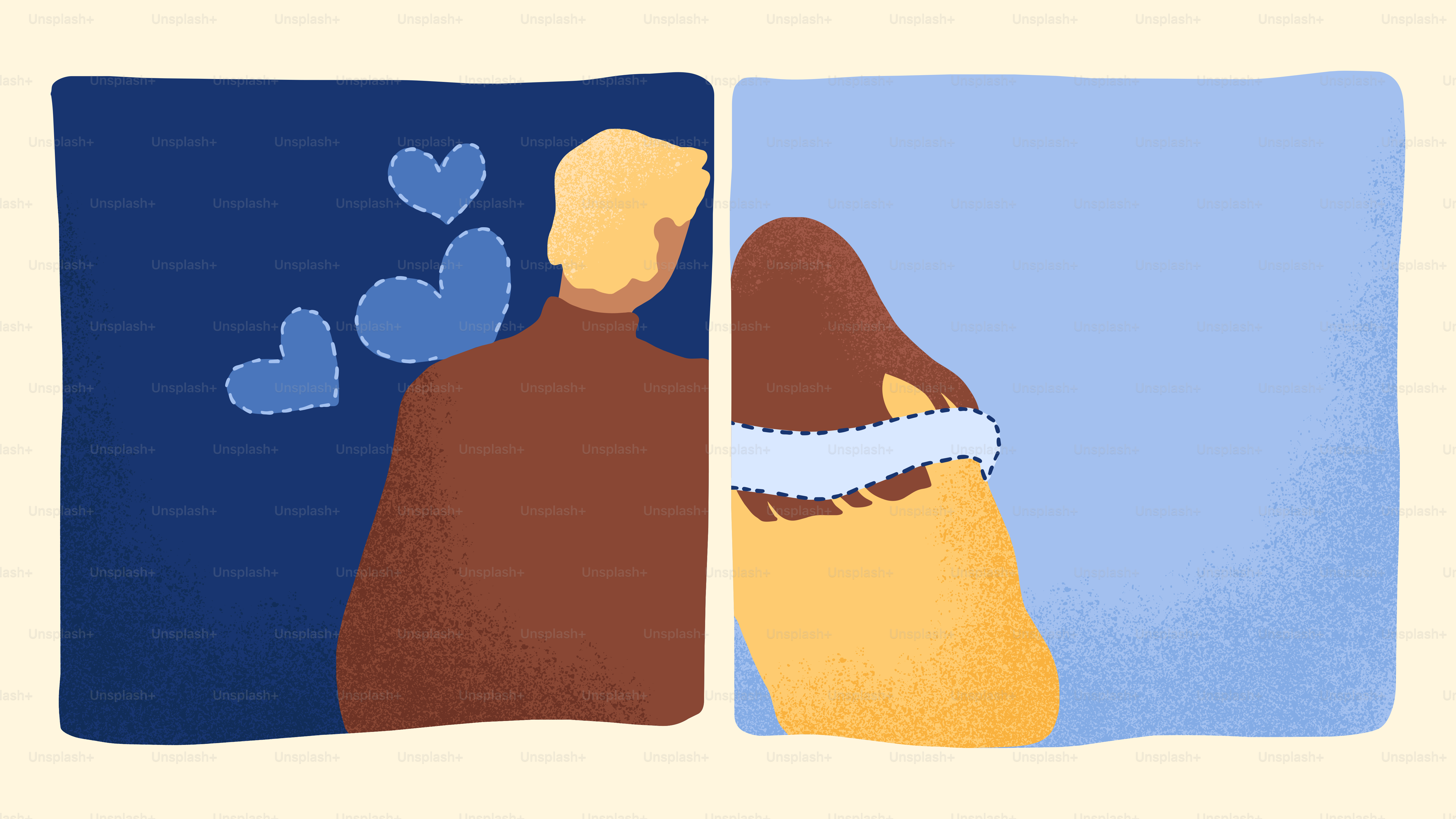 Two people separated by a wall, hearts floating between them.