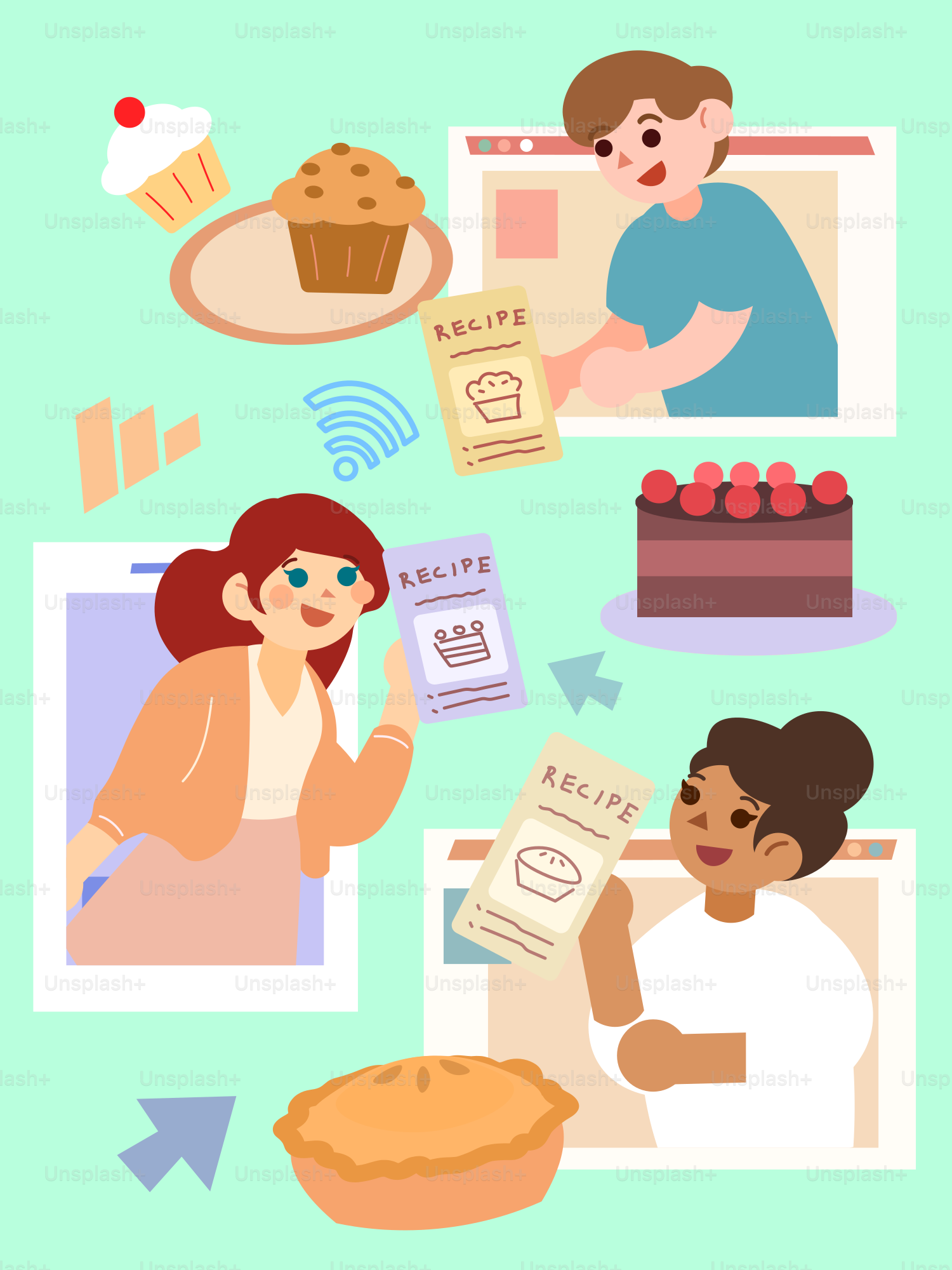 Orang-orang berbagi resep kue online dengan makanan penutup.