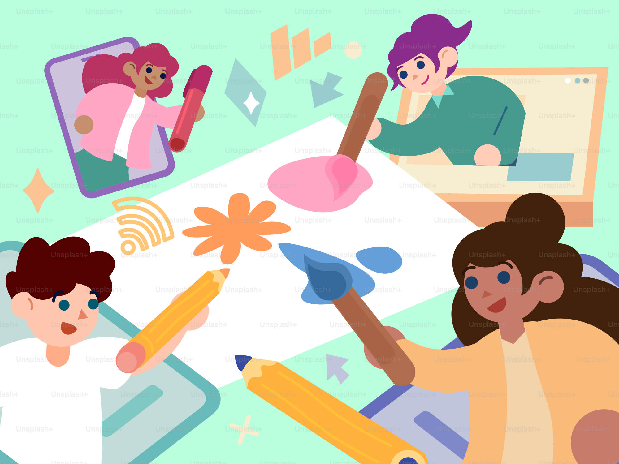Persone diverse che collaborano a un progetto artistico da remoto.