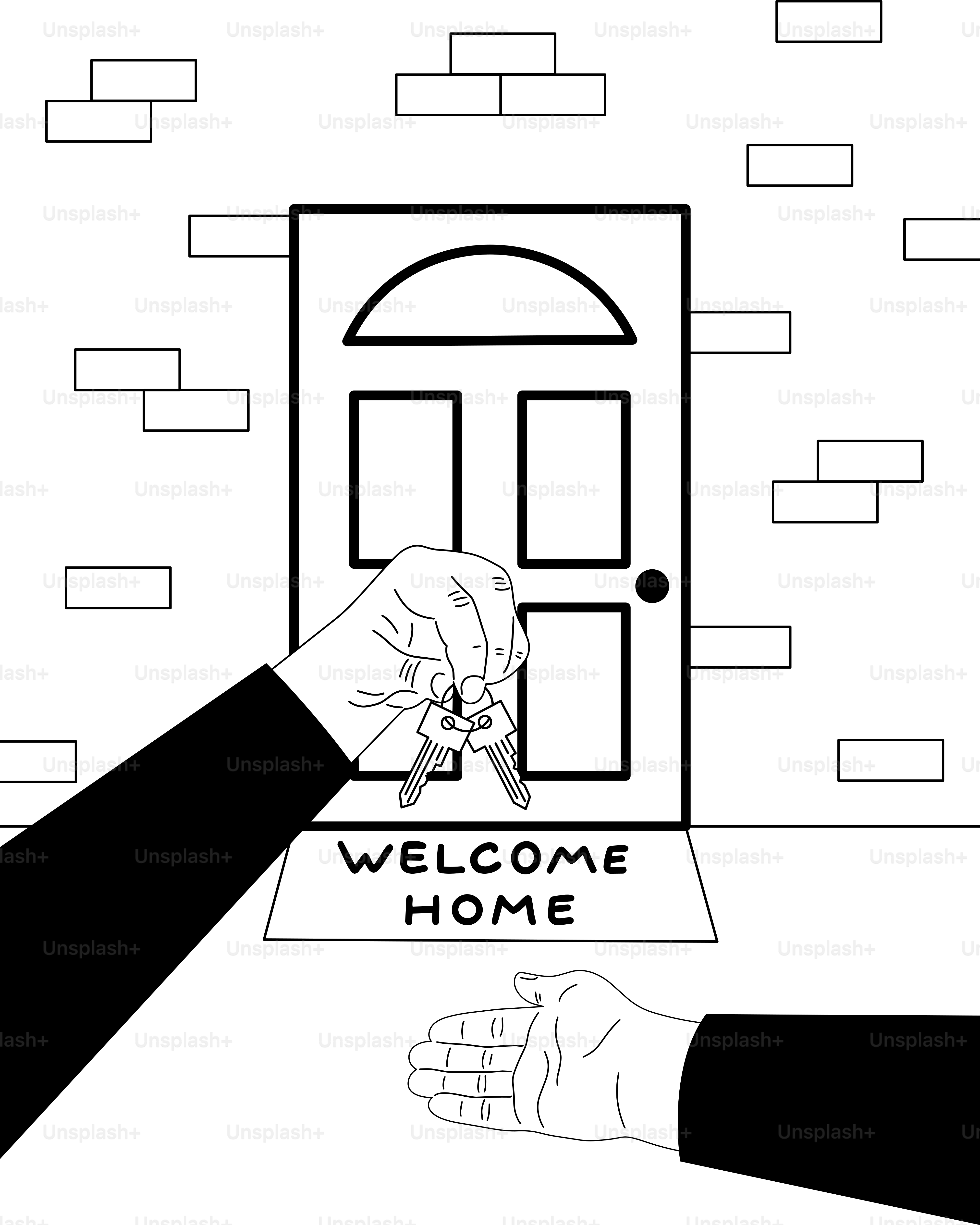 歓迎の扉の前で鍵を交換する手。