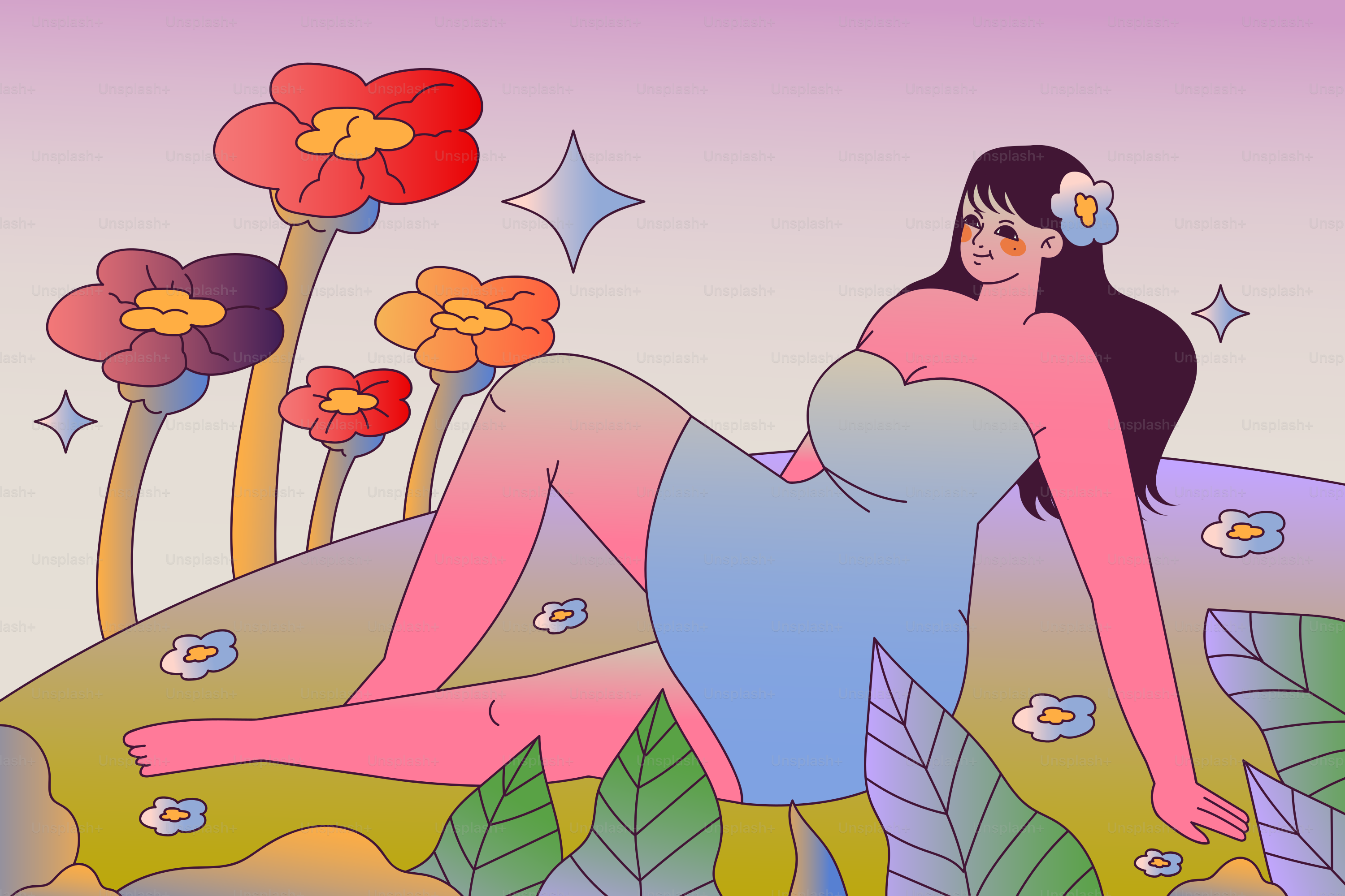 Wanita bersantai di ladang bunga berwarna-warni