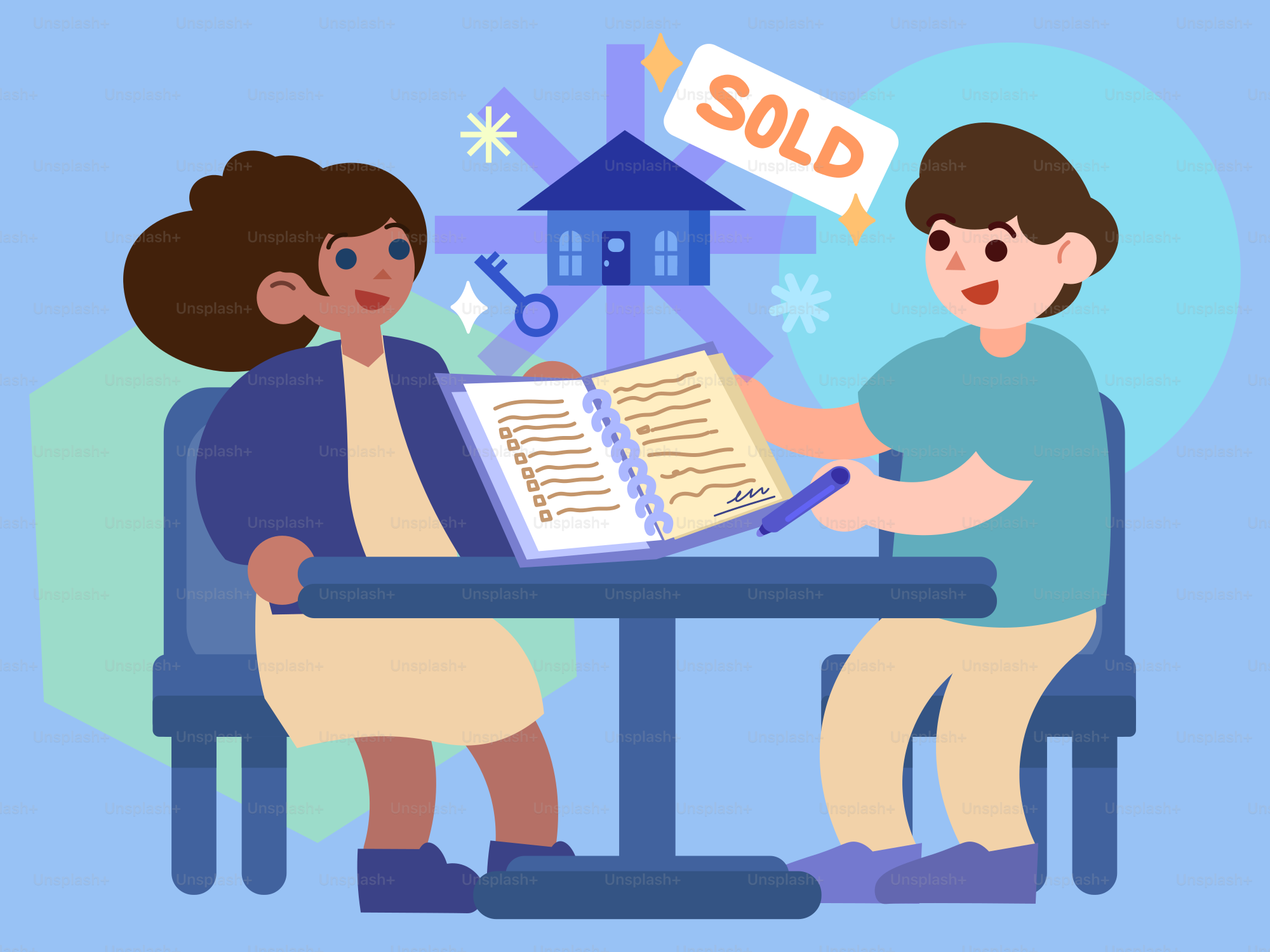 Couple signing papers for a house sale.
