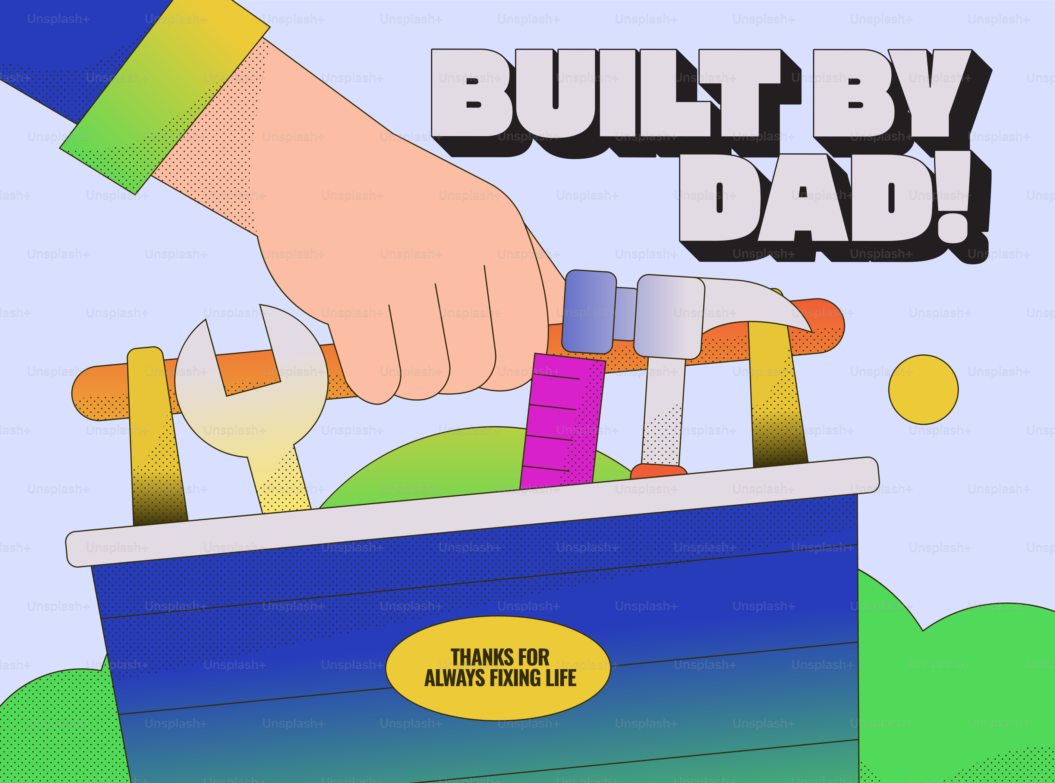 La main de papa tenant des outils dans la boîte à outils avec du texte.