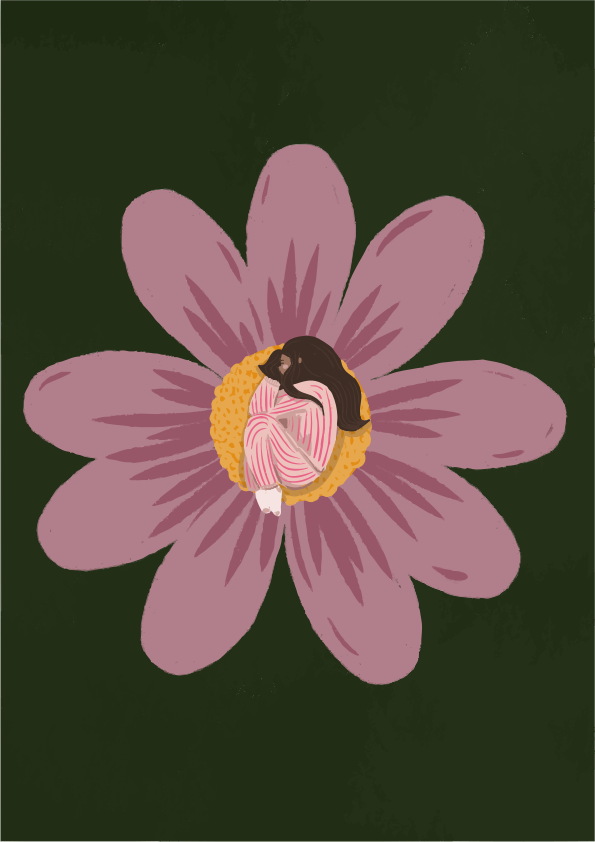 Uma mulher enroscada dentro de uma grande flor rosa.